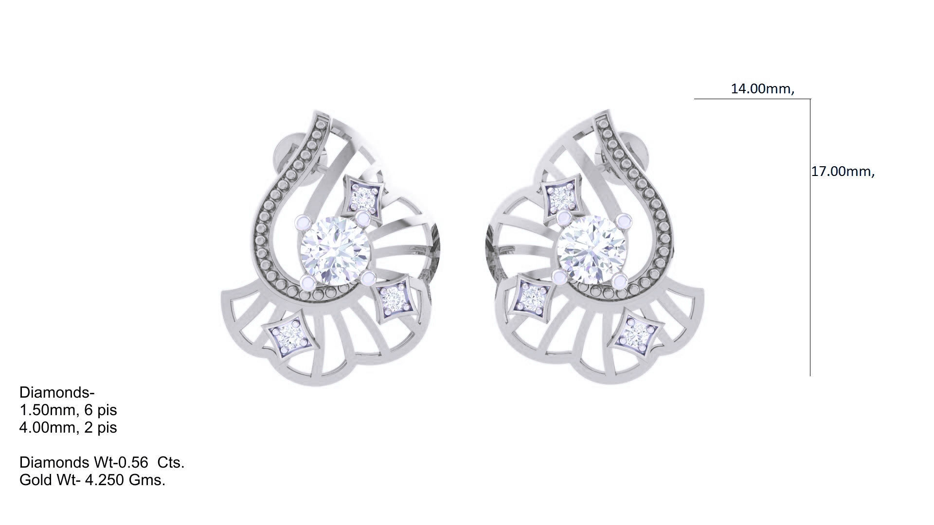 Women solitaire studs mesh Earrings 3dm stl 3mf obj glb gltf mtl 3D print model_2