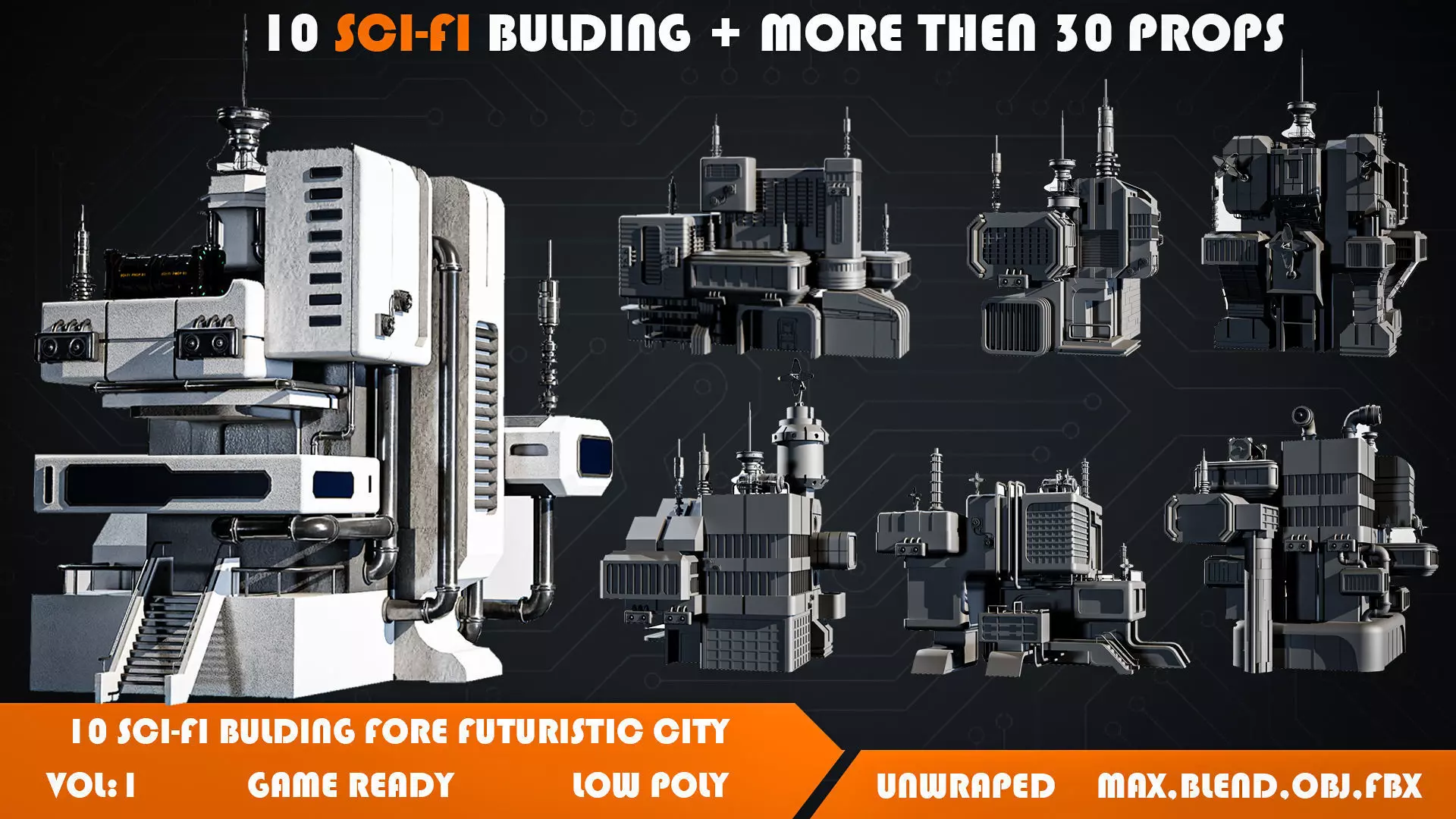 10 Scifi Bulding  More Then 30 Props Low-poly 3D model_0