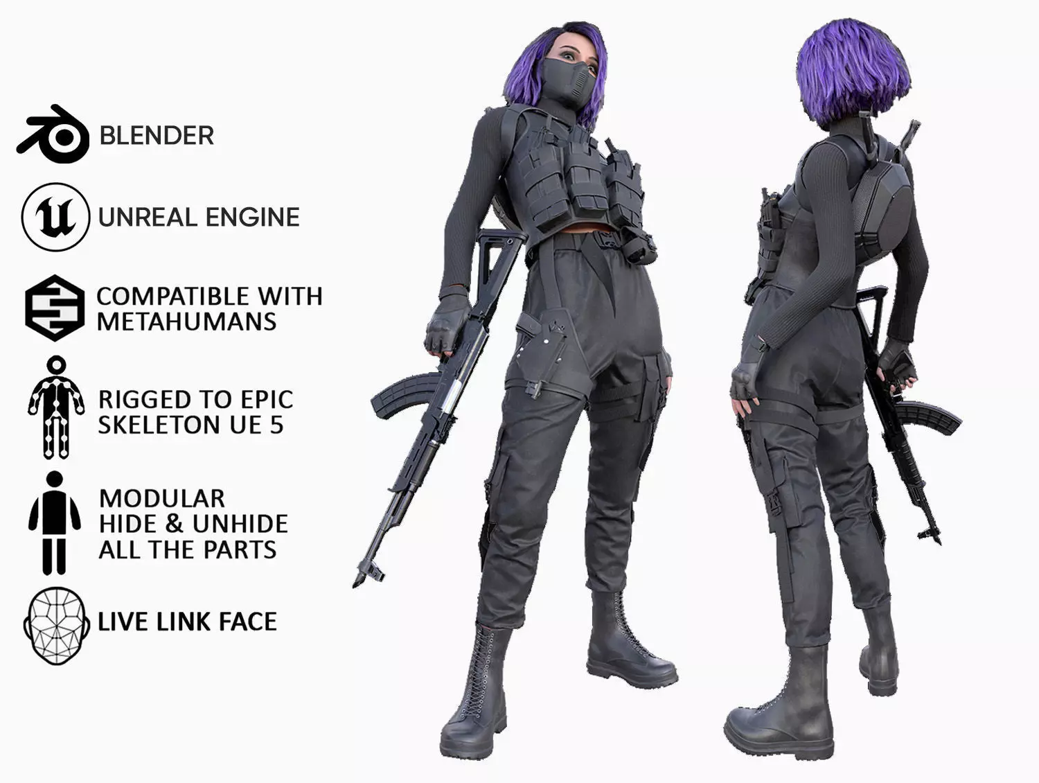 Realistic 3D model of Man - Military Woman - Modular - Rigged  Low-poly 3D model_0