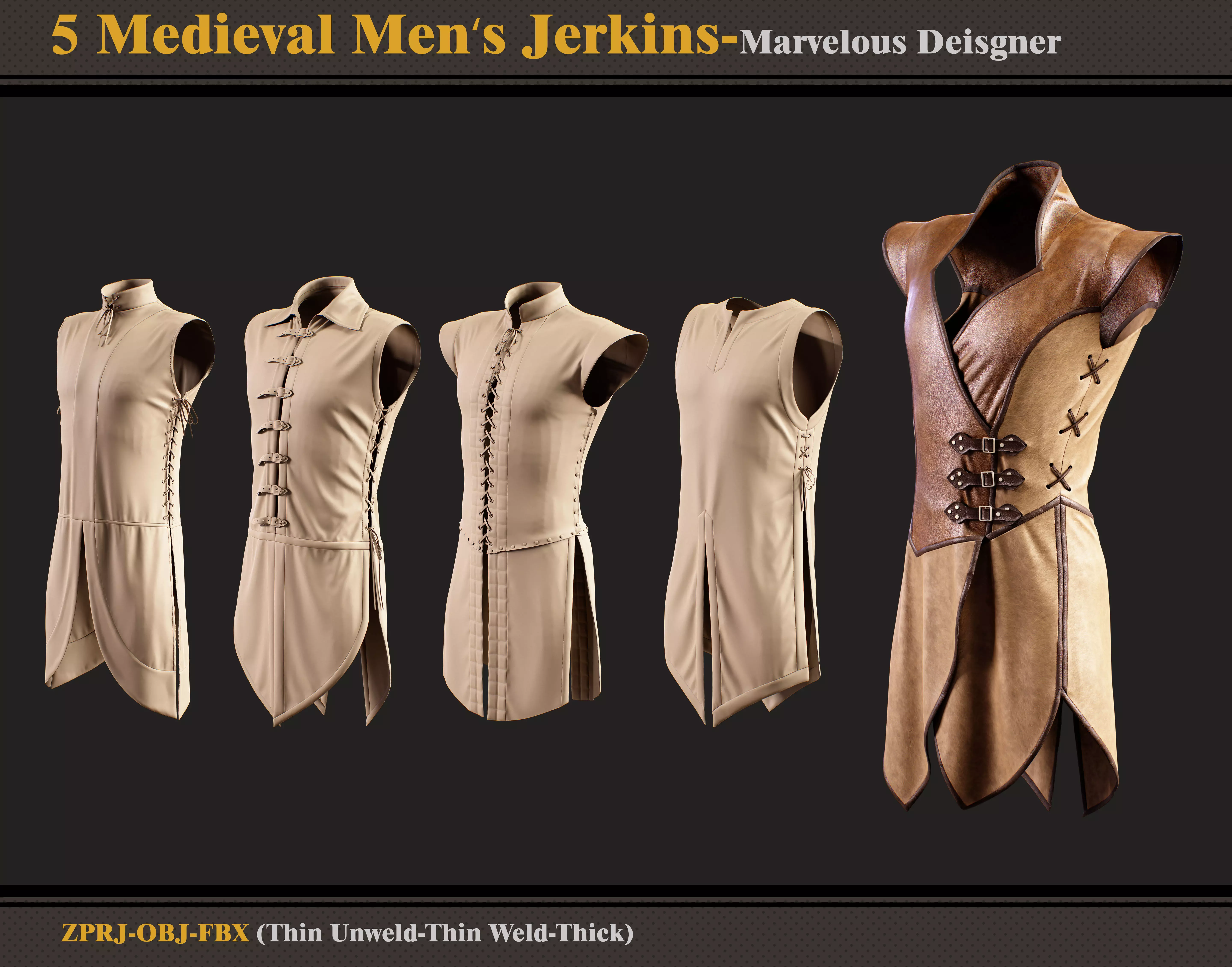 5 Medieval Men Jerkins-ZPRJ-FBX-OBJ 3D model_0