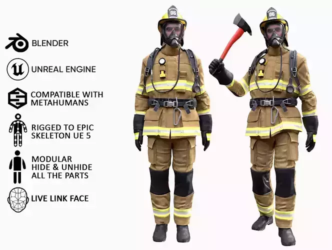 Realistic 3D model of Man Firefighter - Modular - Rigged Low-poly 3D model