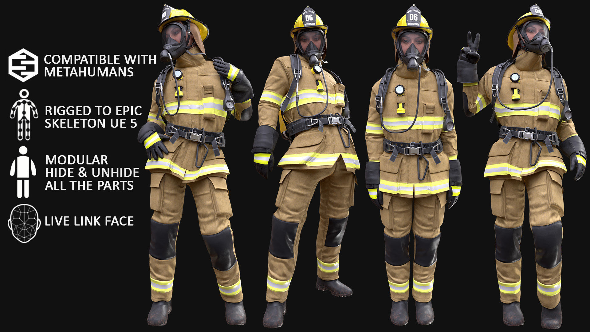 Realistic 3D model of Woman Firefighter - Modular - Rigged Low-poly 3D model_3