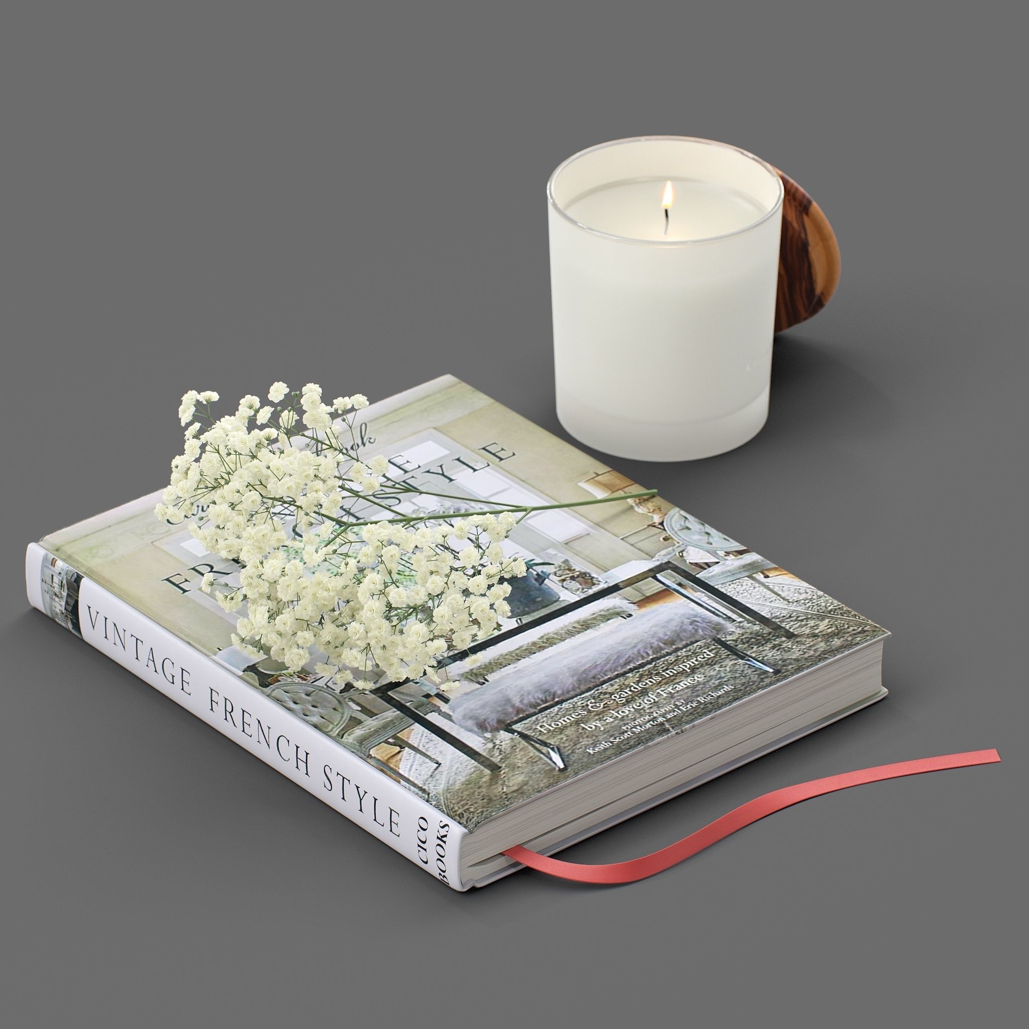 Decor flower Gypsophila books candle Set 45 3D model_2