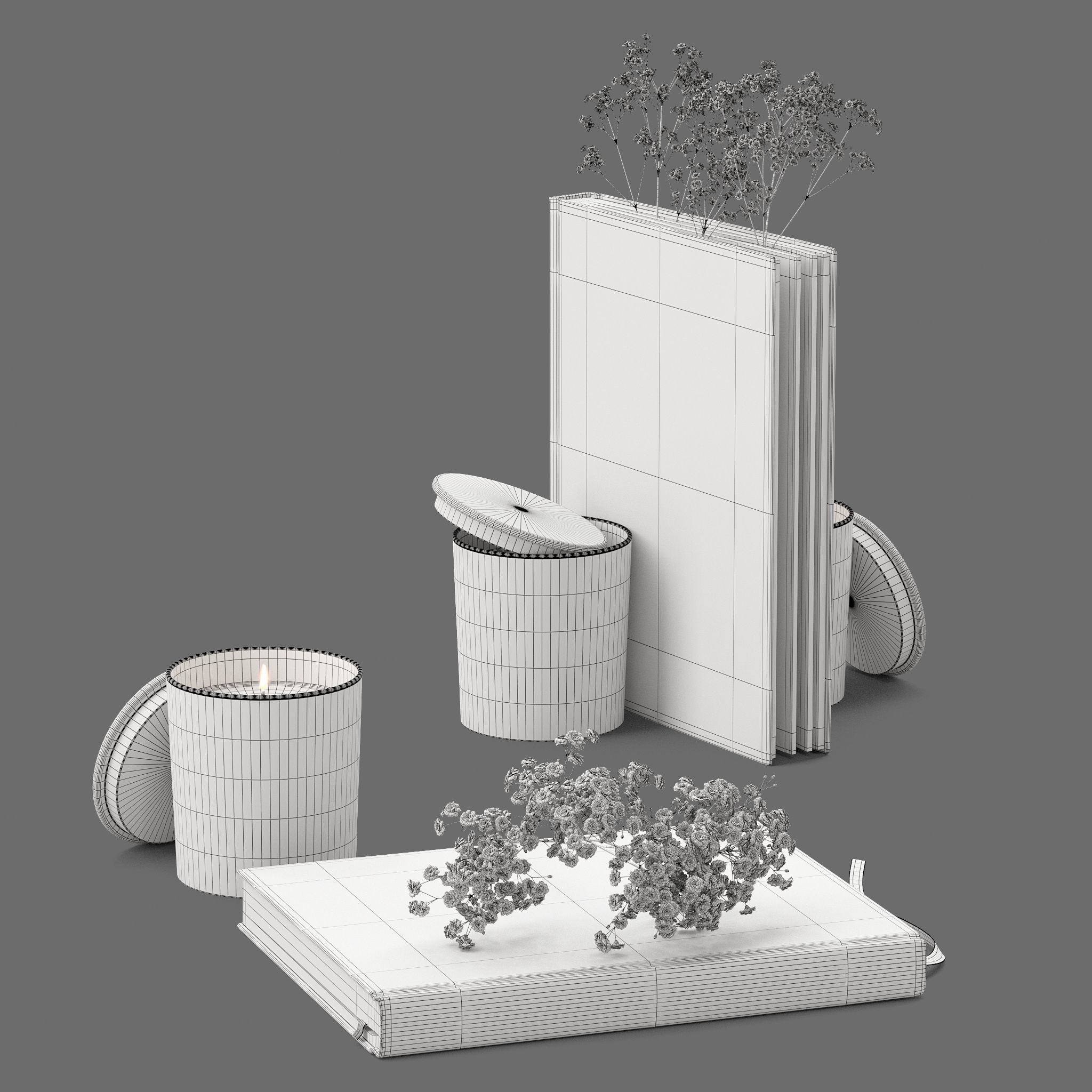 Decor flower Gypsophila books candle Set 45 3D model_1