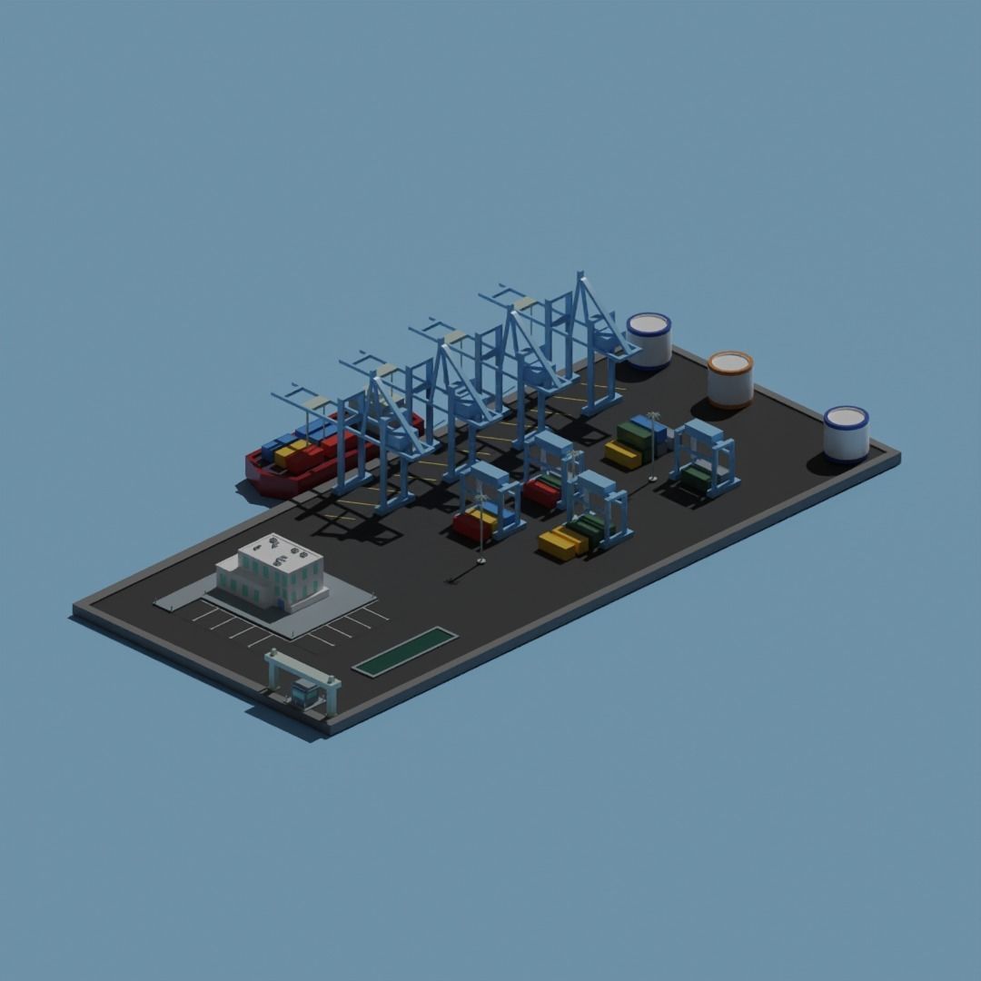 Low Poly Cartoon City Docks Low-poly 3D model_1