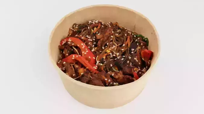Japchae Poke bowl lunch noodles with korean chiecken asian meal