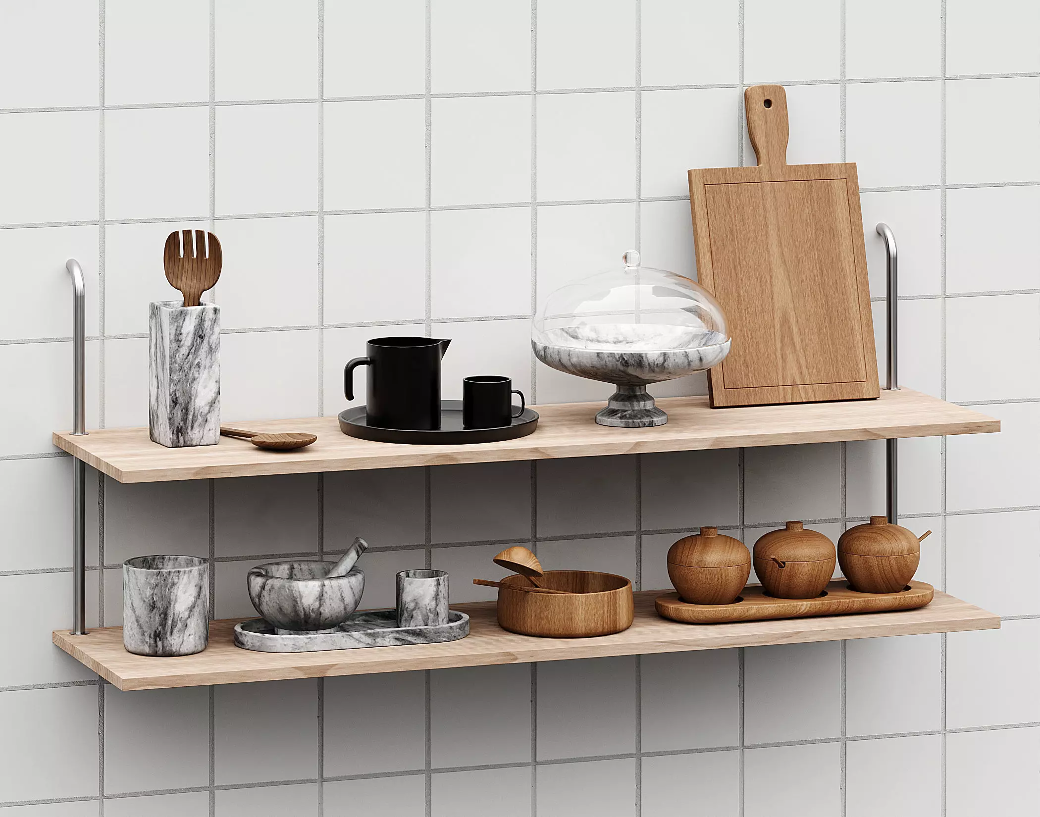 Kitchenware collection in wood and marble 3D model