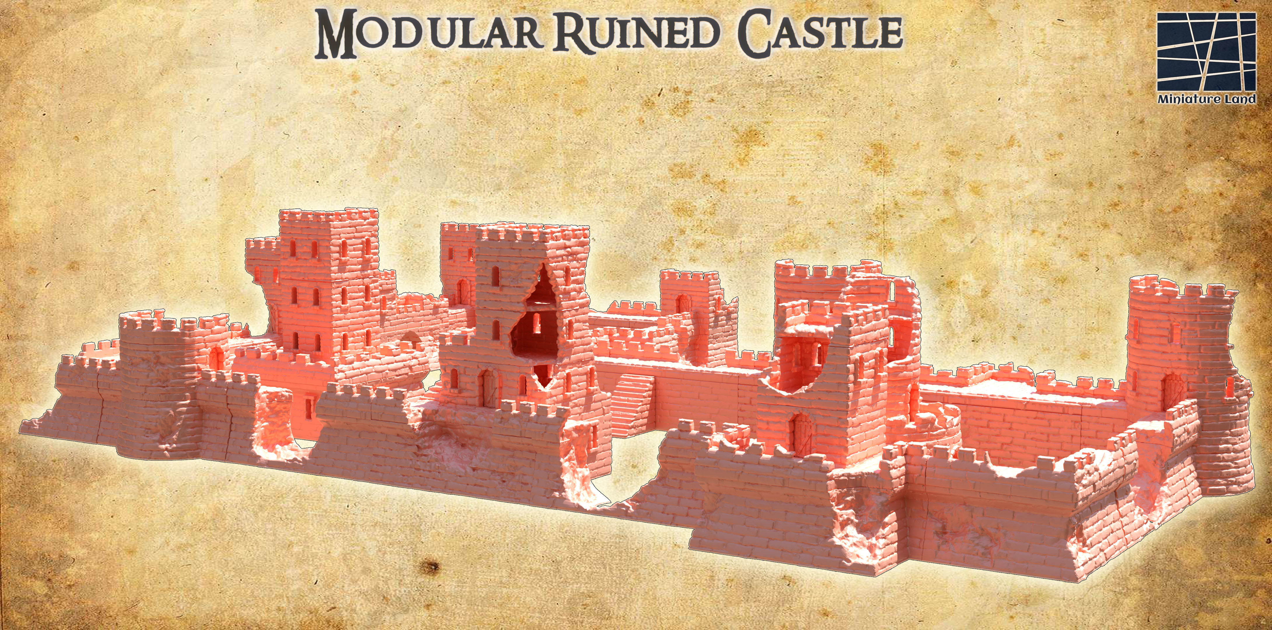 Modular Ruined Castle 28 mm Tabletop Terrain 3D print model_1