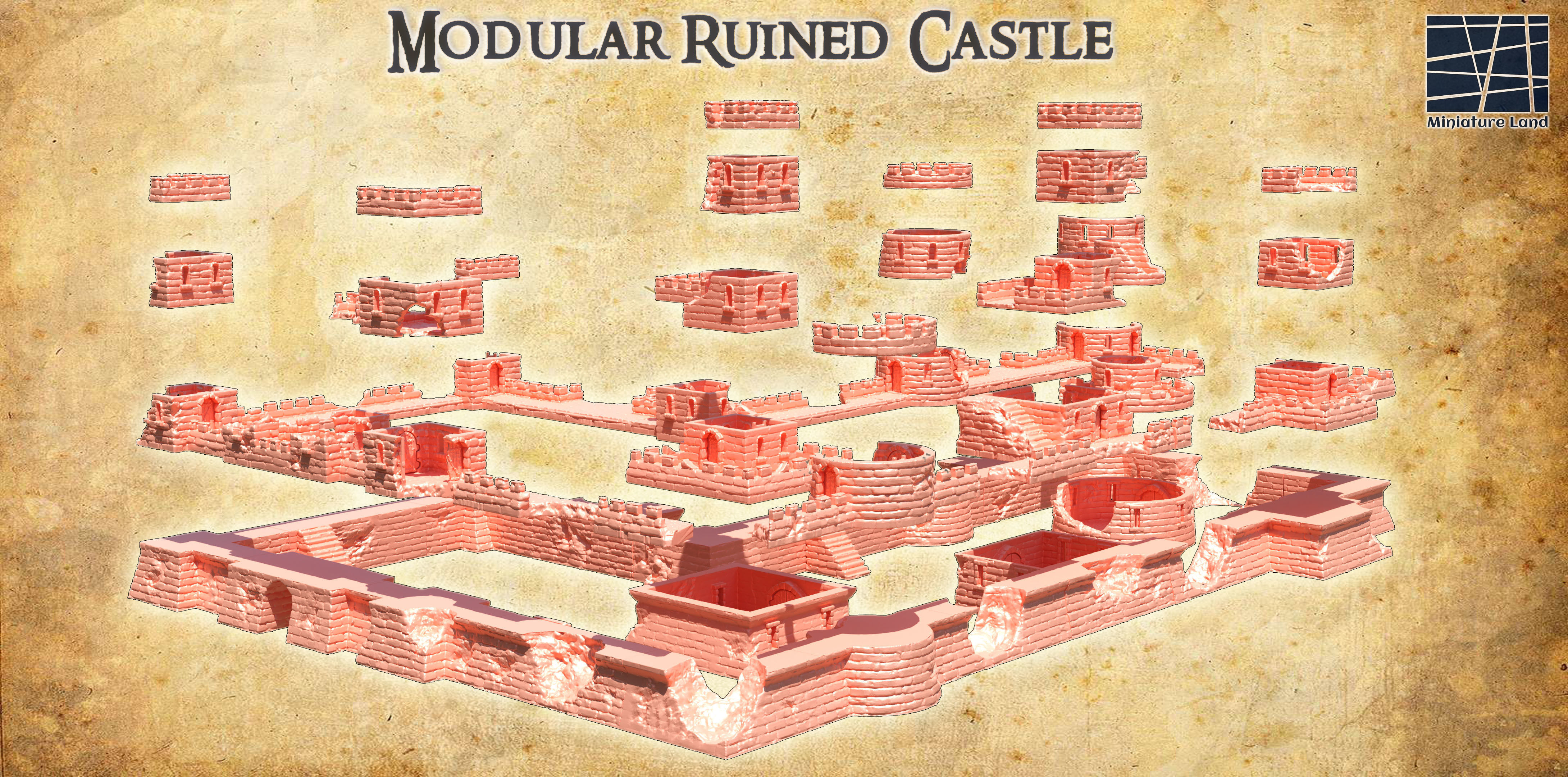 Modular Ruined Castle 28 mm Tabletop Terrain 3D print model_5