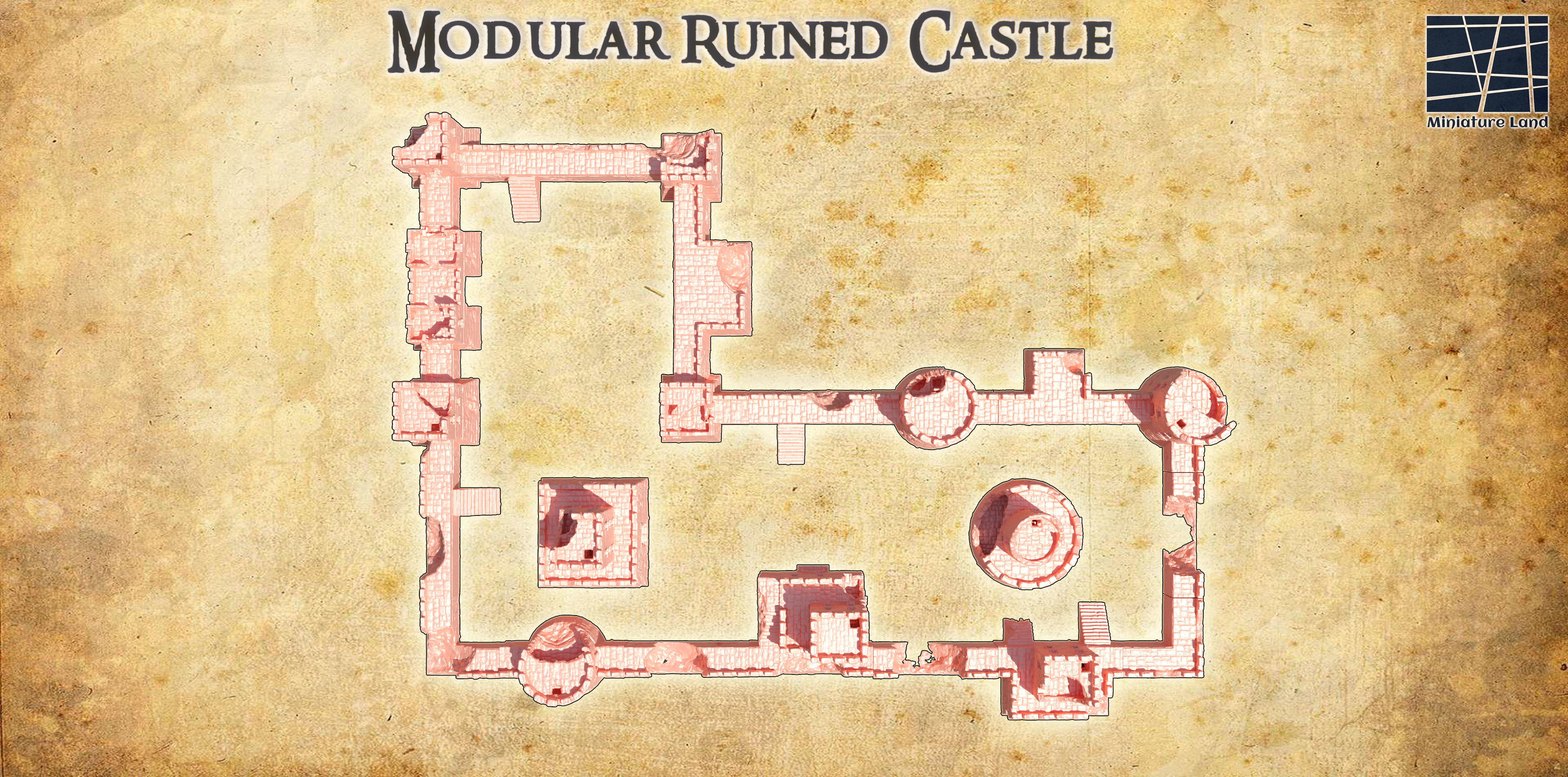 Modular Ruined Castle 28 mm Tabletop Terrain 3D print model_4