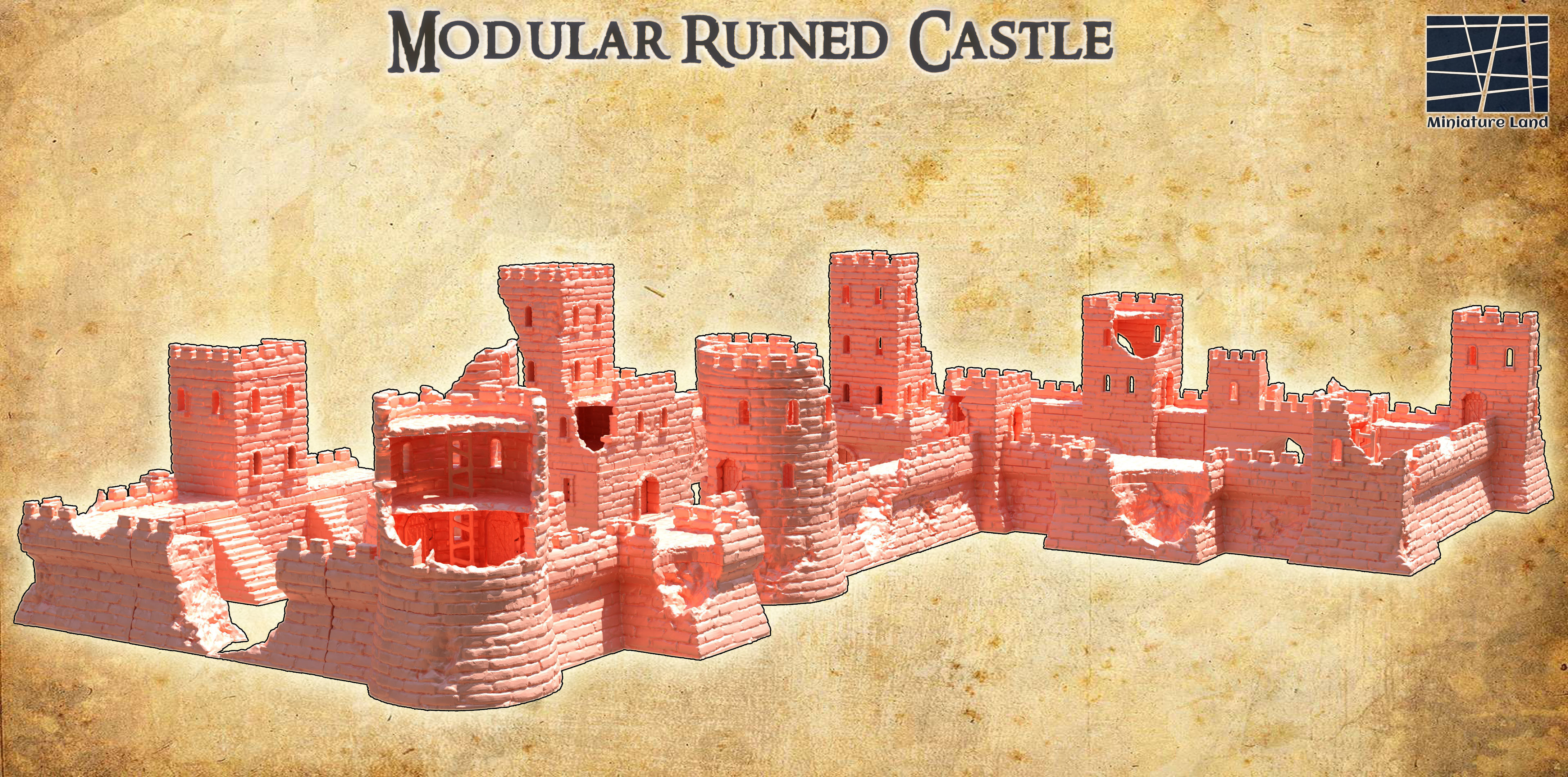 Modular Ruined Castle 28 mm Tabletop Terrain 3D print model_2