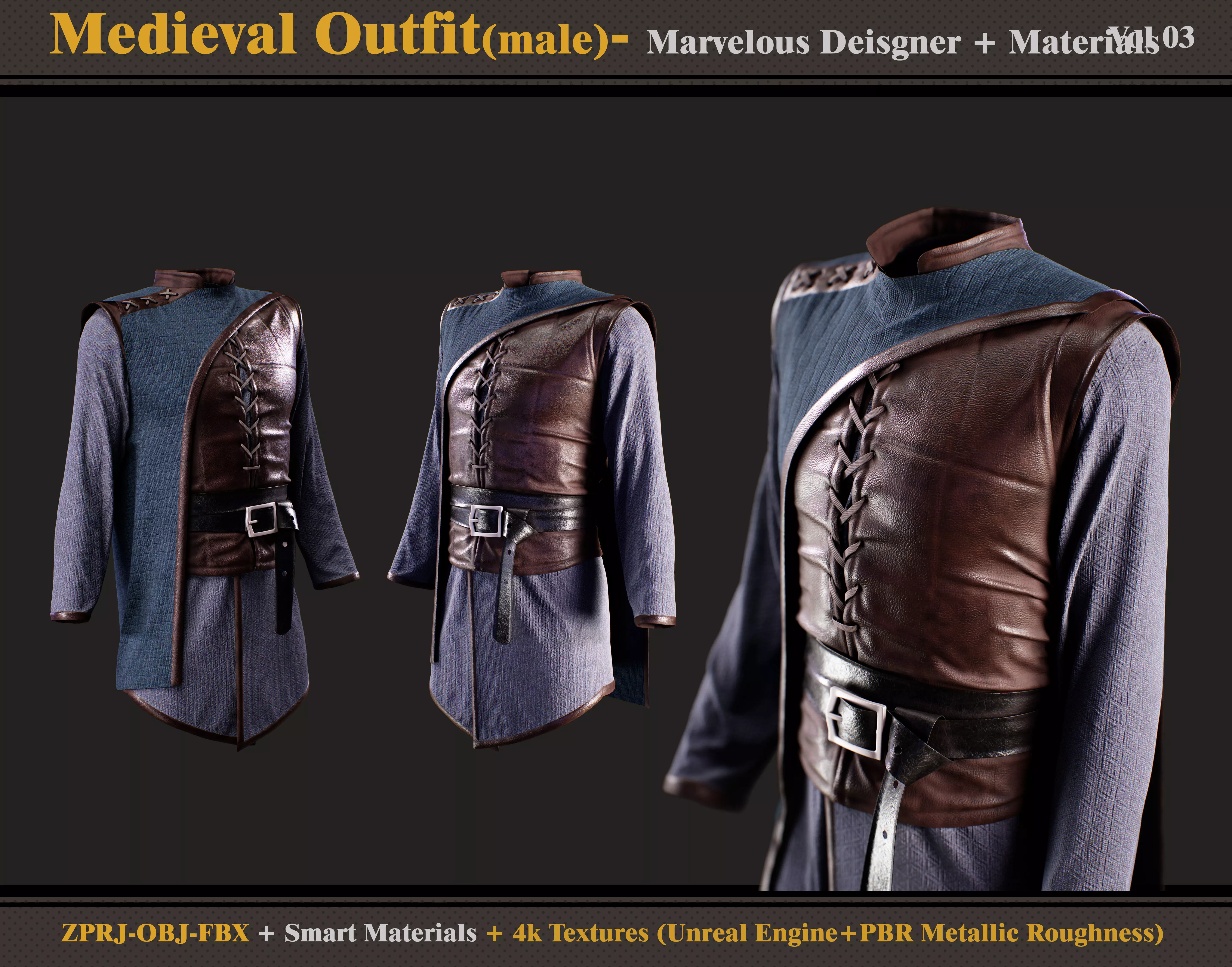 Medieval Outfit-MALE- Marvelous Designer-obj-fbx-material 3D model