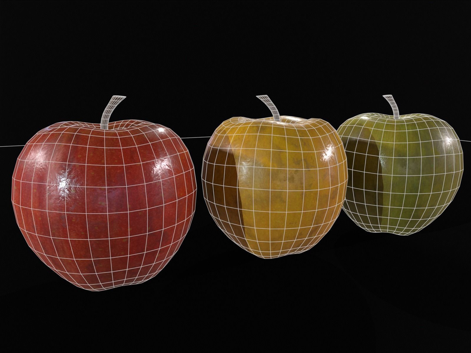 Apples Set  - Green - Yellow and Red Low-poly 3D model_17