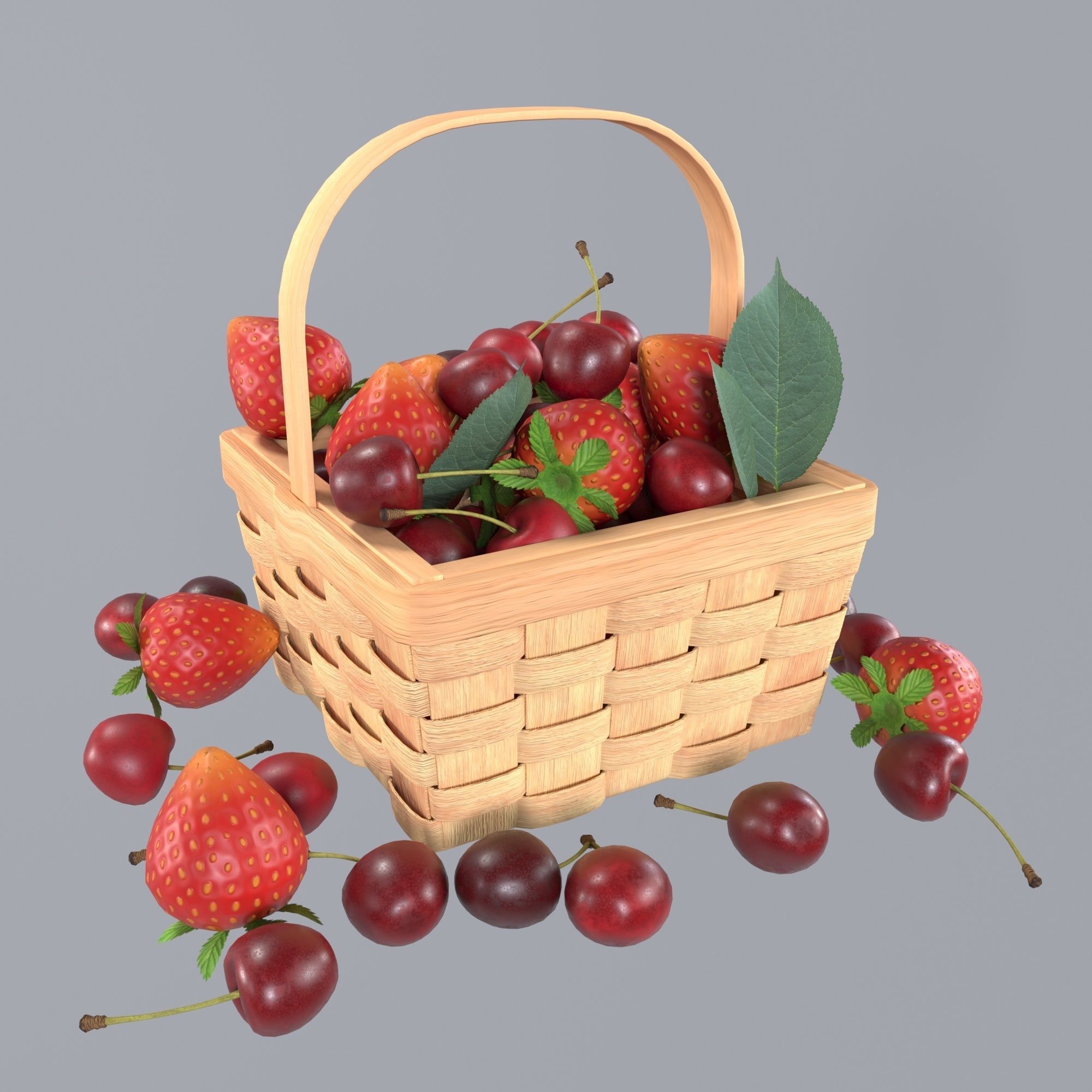 Basket with cherries and strawberries 3D model_1