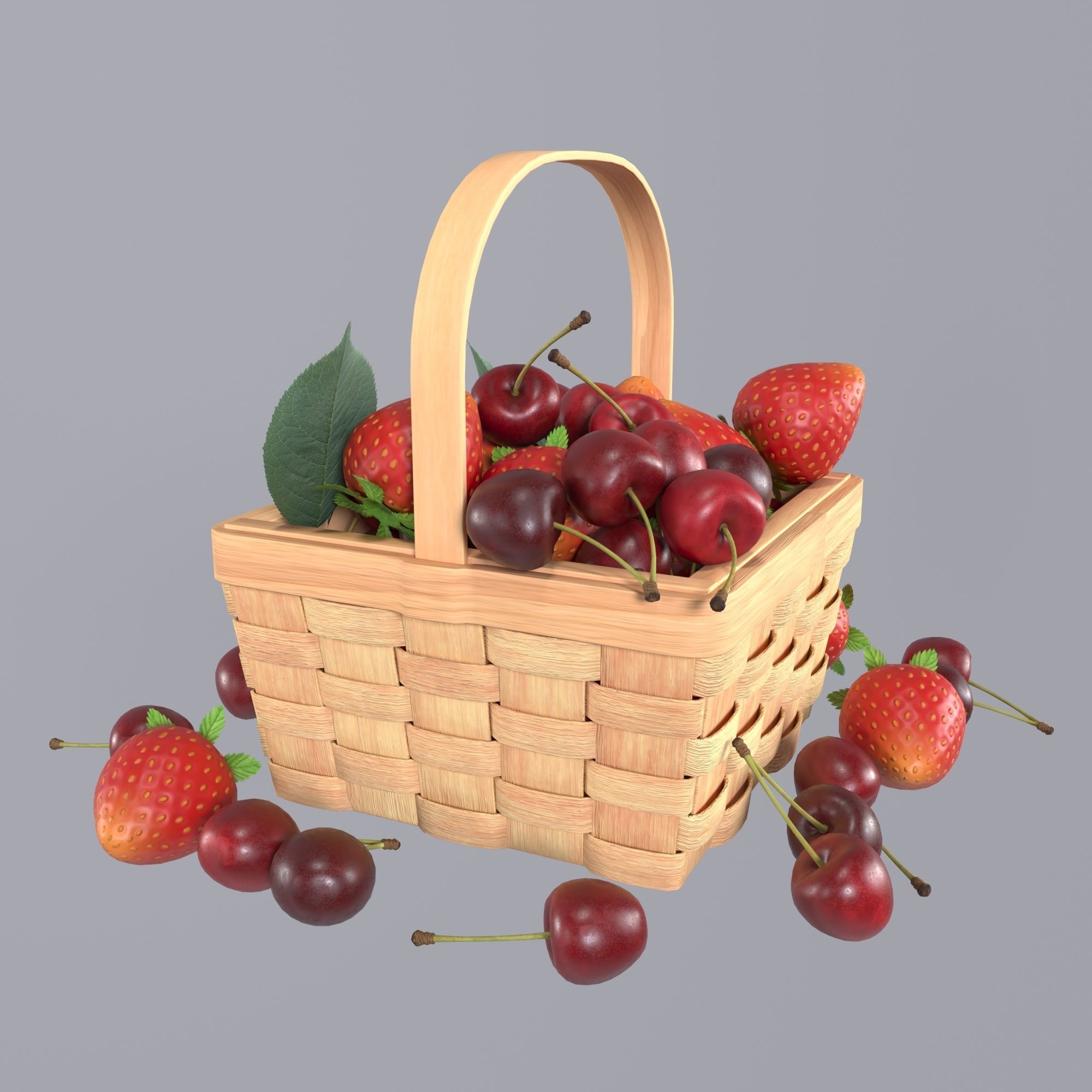 Basket with cherries and strawberries 3D model_2