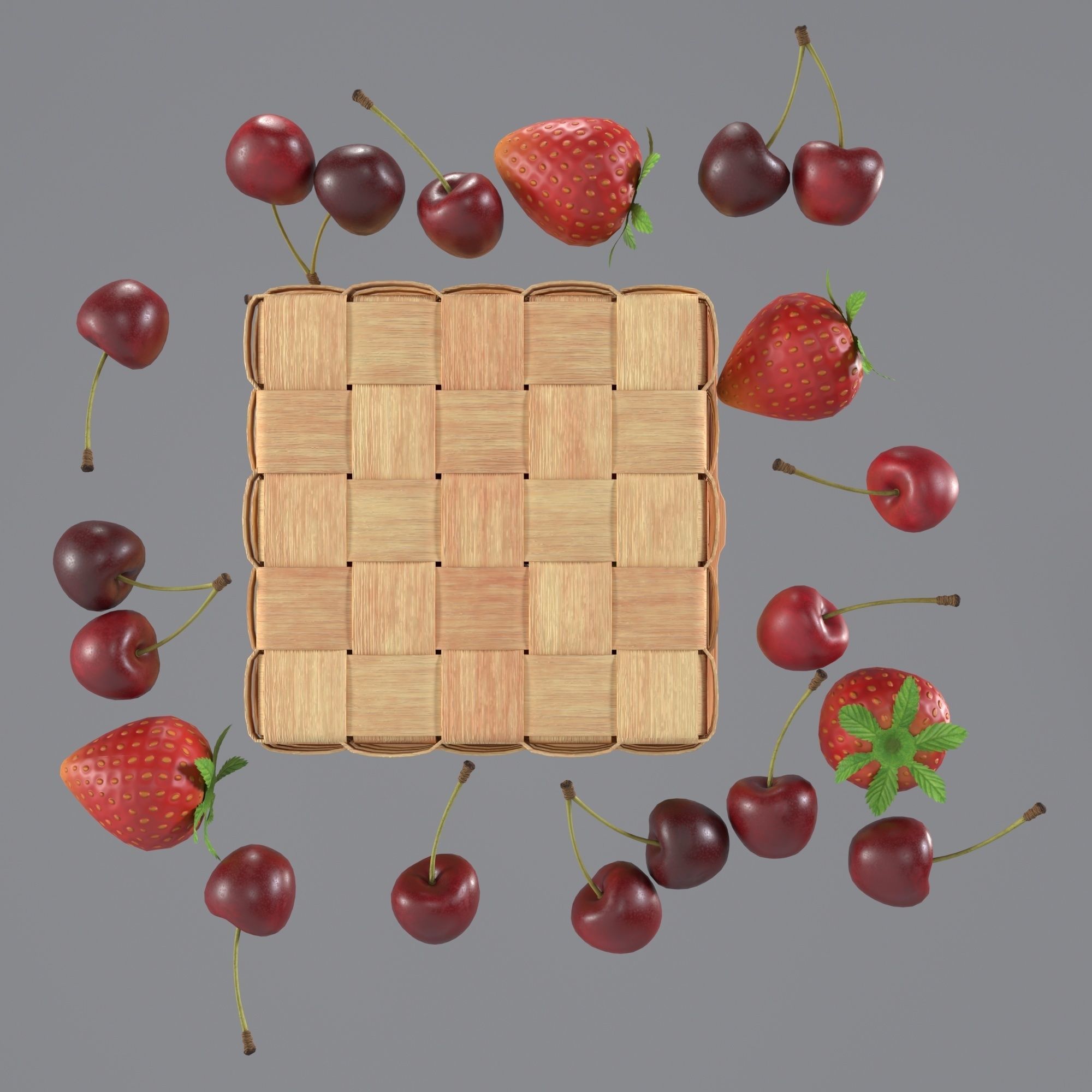 Basket with cherries and strawberries 3D model_4