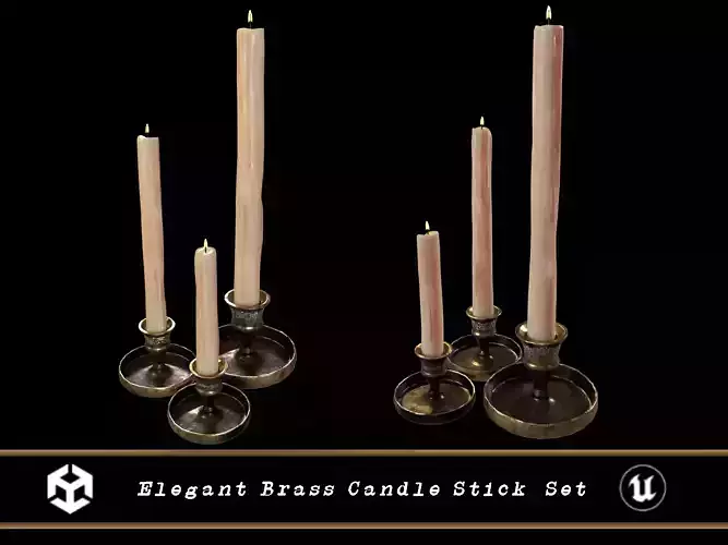 Medieval Elegant Brass Candle Stick Set Low-poly 3D model