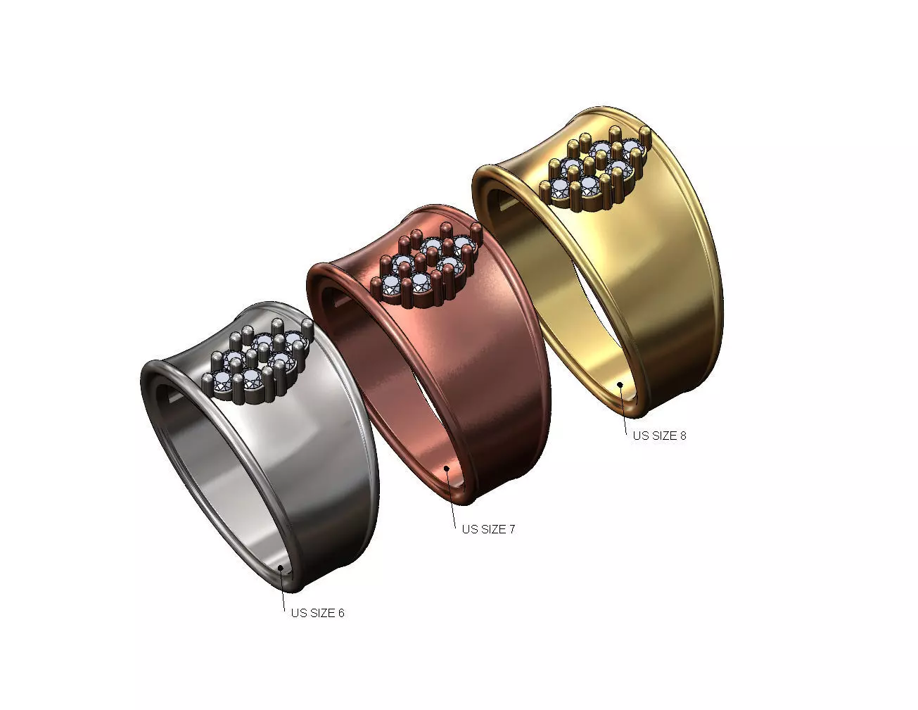 Diamond cluster concave ring US sizes 6 7 8 3D print model