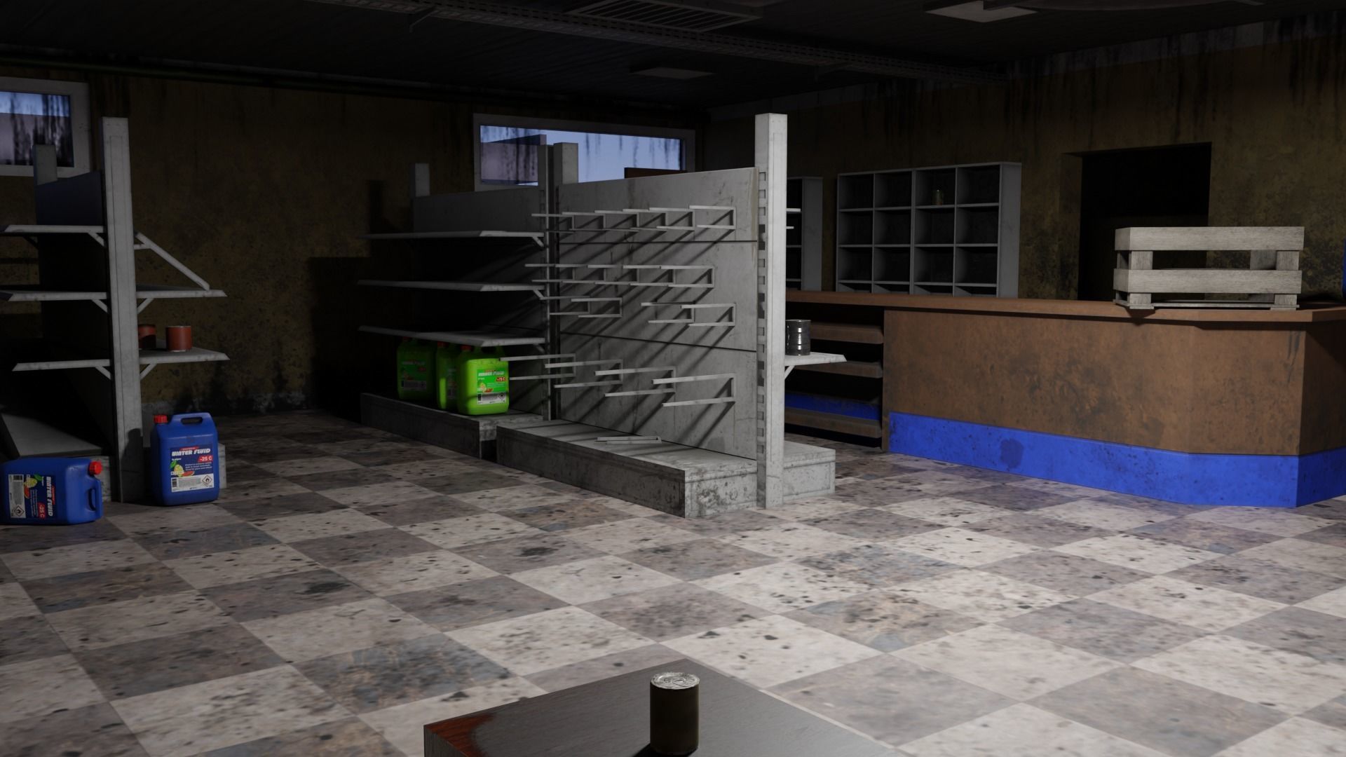Gas station in dirty look with interior Low-poly 3D model_1
