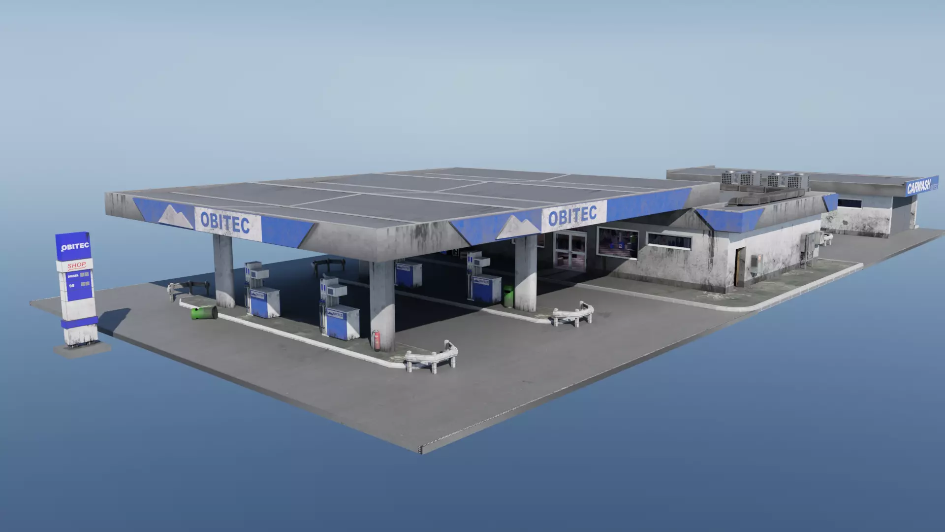 Gas station in dirty look with interior Low-poly 3D model_0