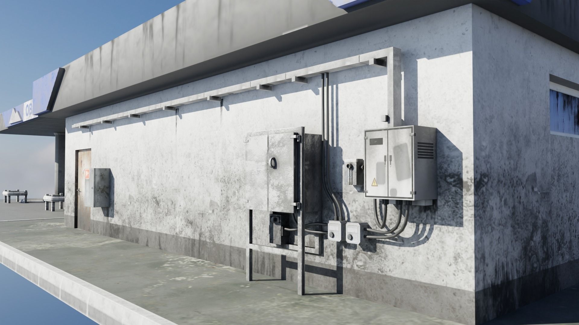 Gas station in dirty look with interior Low-poly 3D model_9