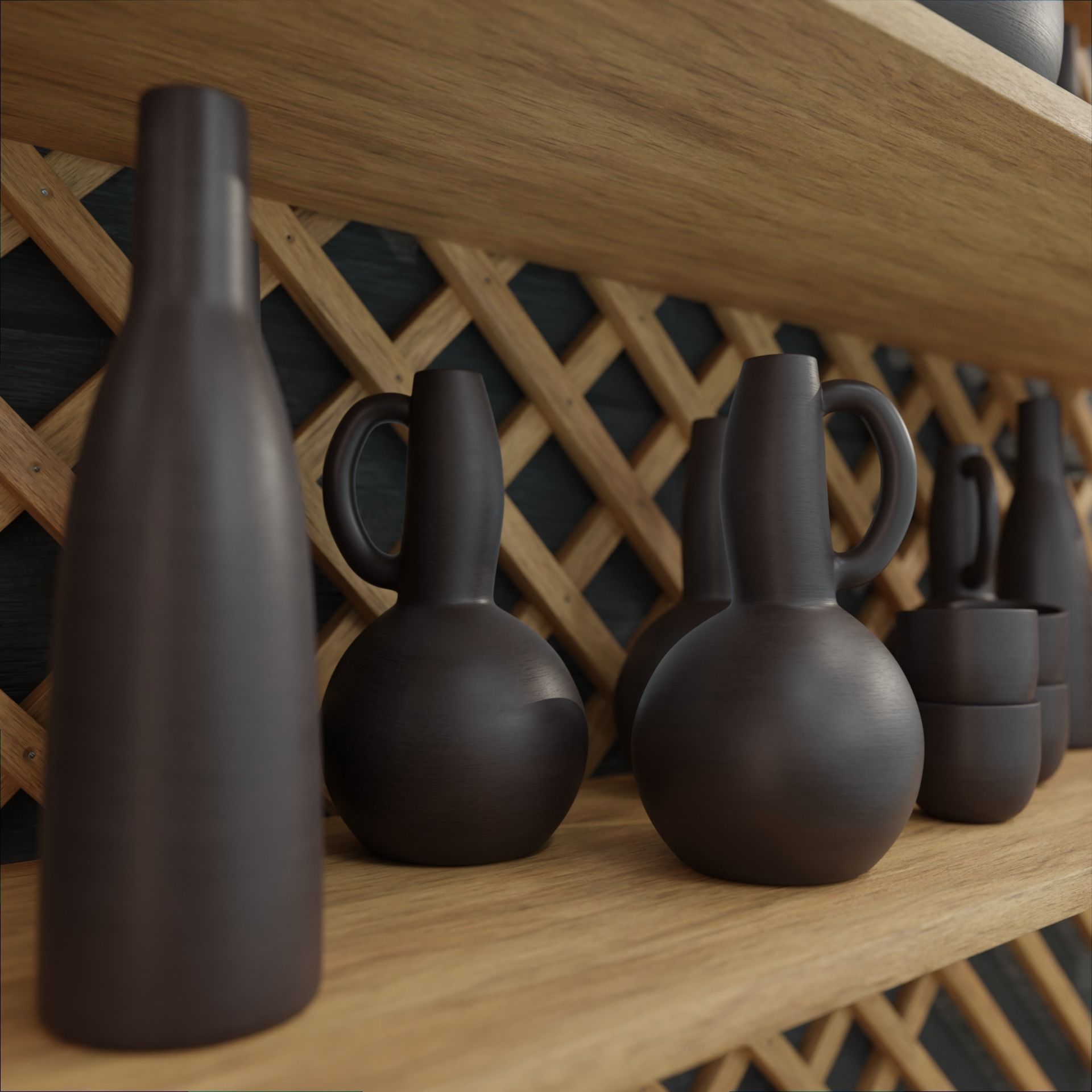 Earthenware on wooden shelves decorative wooden wall 3D model_3