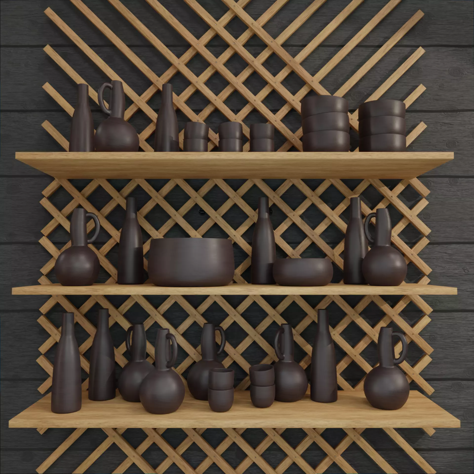 Earthenware on wooden shelves decorative wooden wall 3D model_0