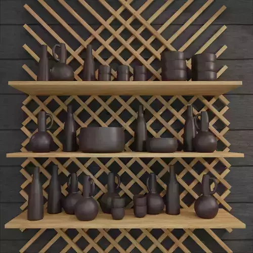 Earthenware on wooden shelves decorative wooden wall 3D model