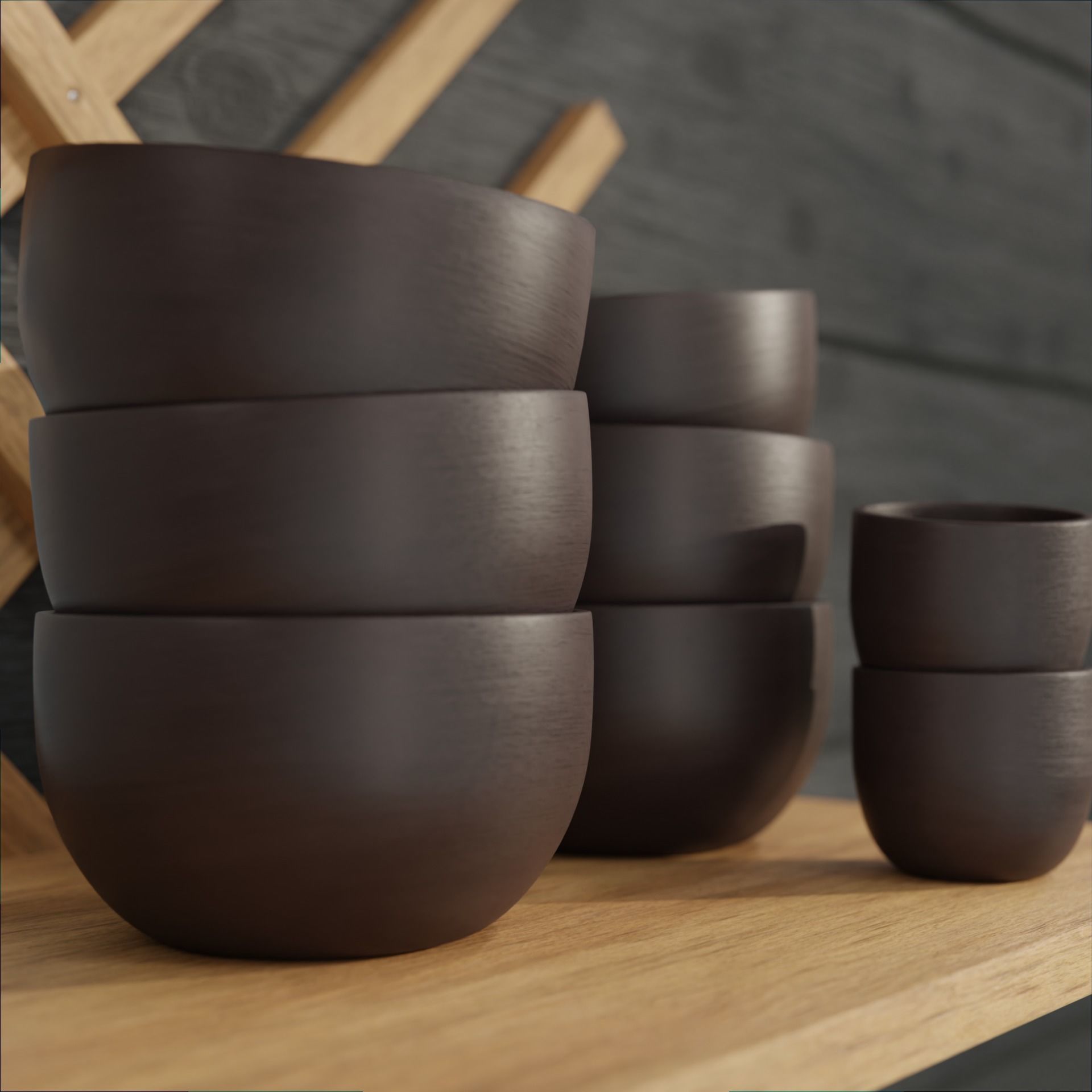 Earthenware on wooden shelves decorative wooden wall 3D model_6