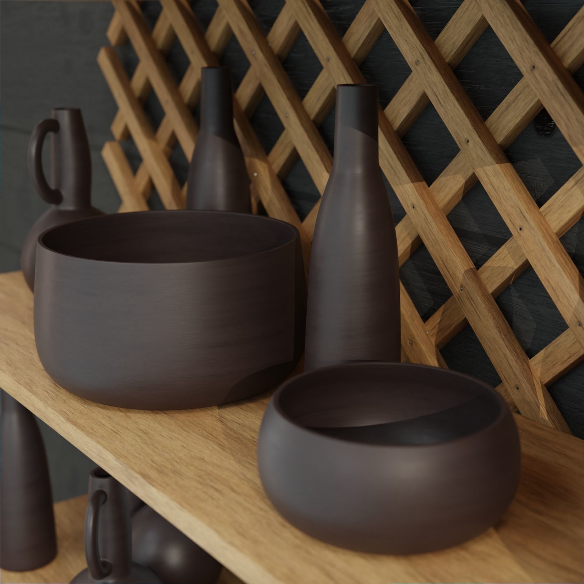 Earthenware on wooden shelves decorative wooden wall 3D model_5