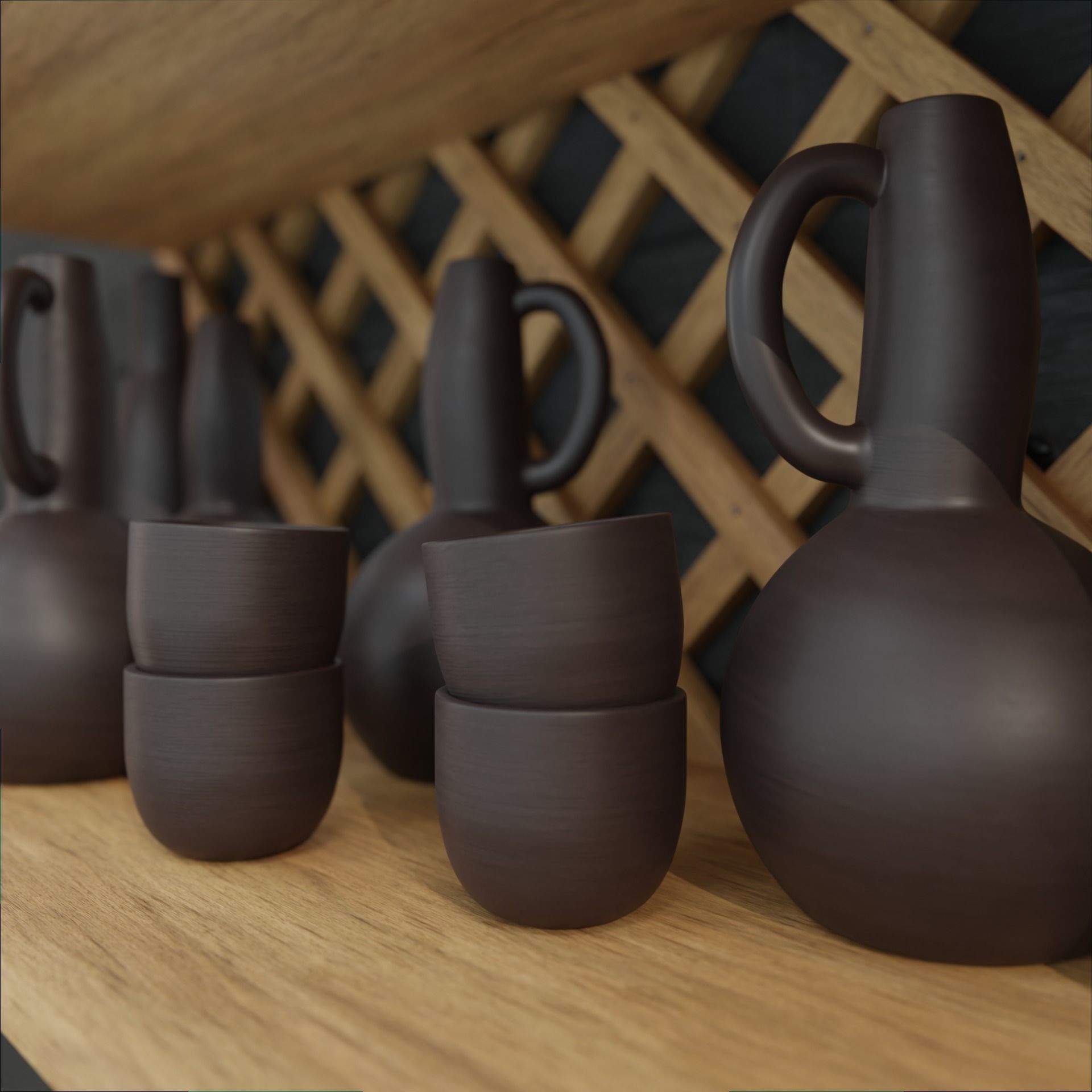 Earthenware on wooden shelves decorative wooden wall 3D model_2