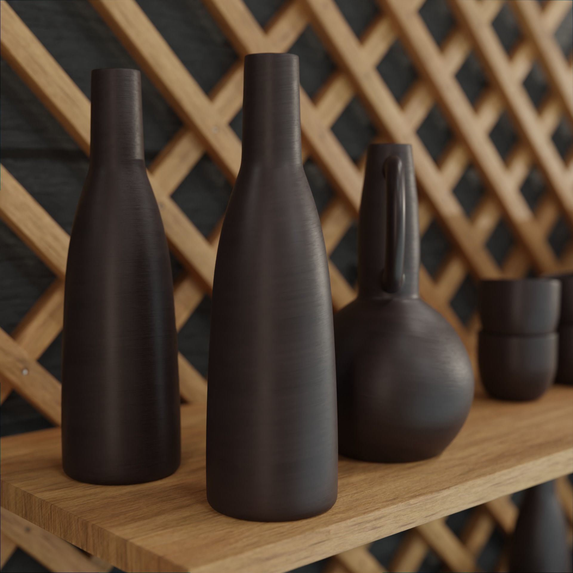 Earthenware on wooden shelves decorative wooden wall 3D model_4