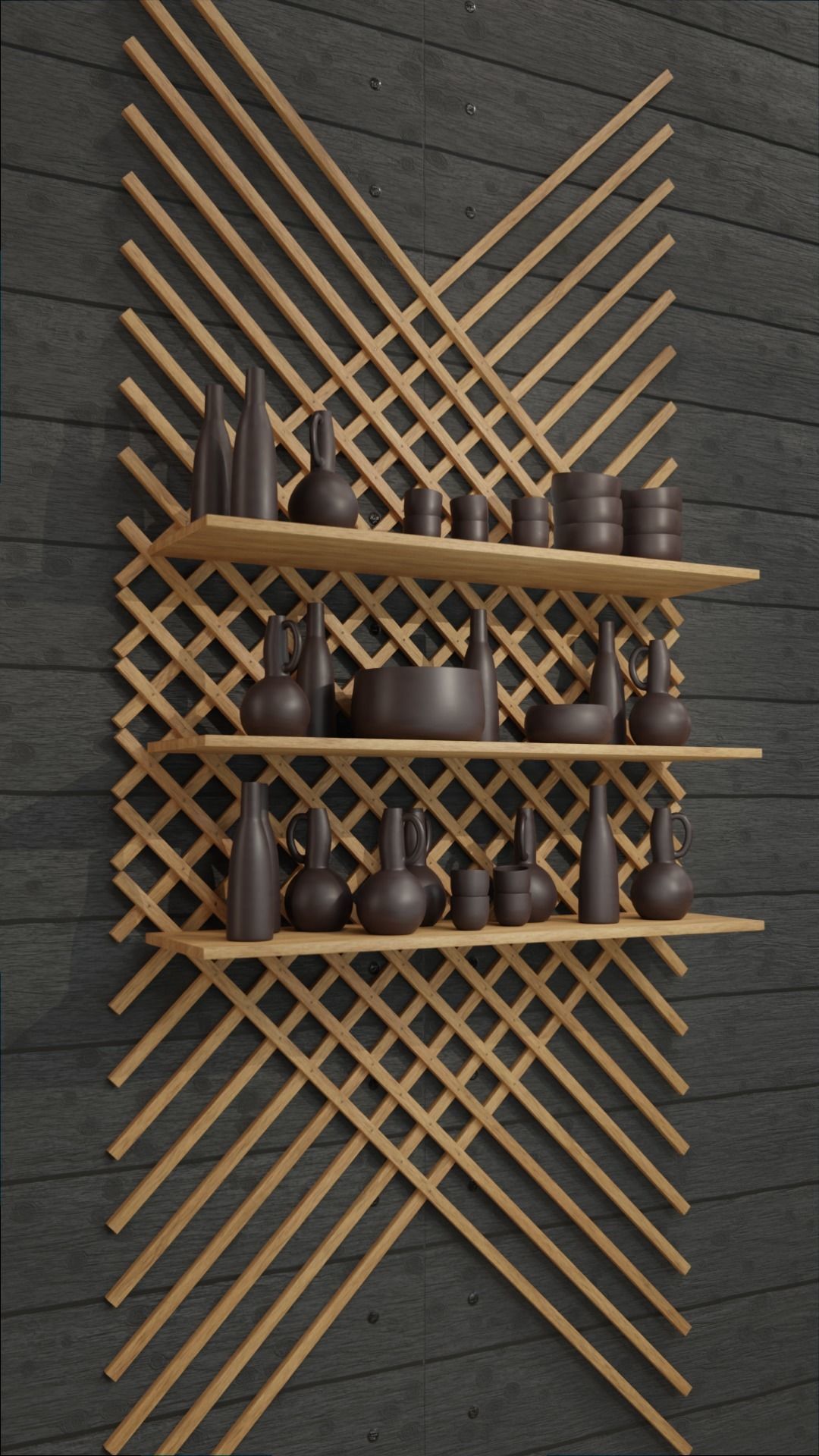 Earthenware on wooden shelves decorative wooden wall 3D model_1
