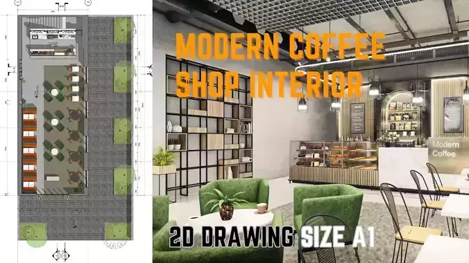 Modern Coffee Shop Interior - 2D drawing A1 size