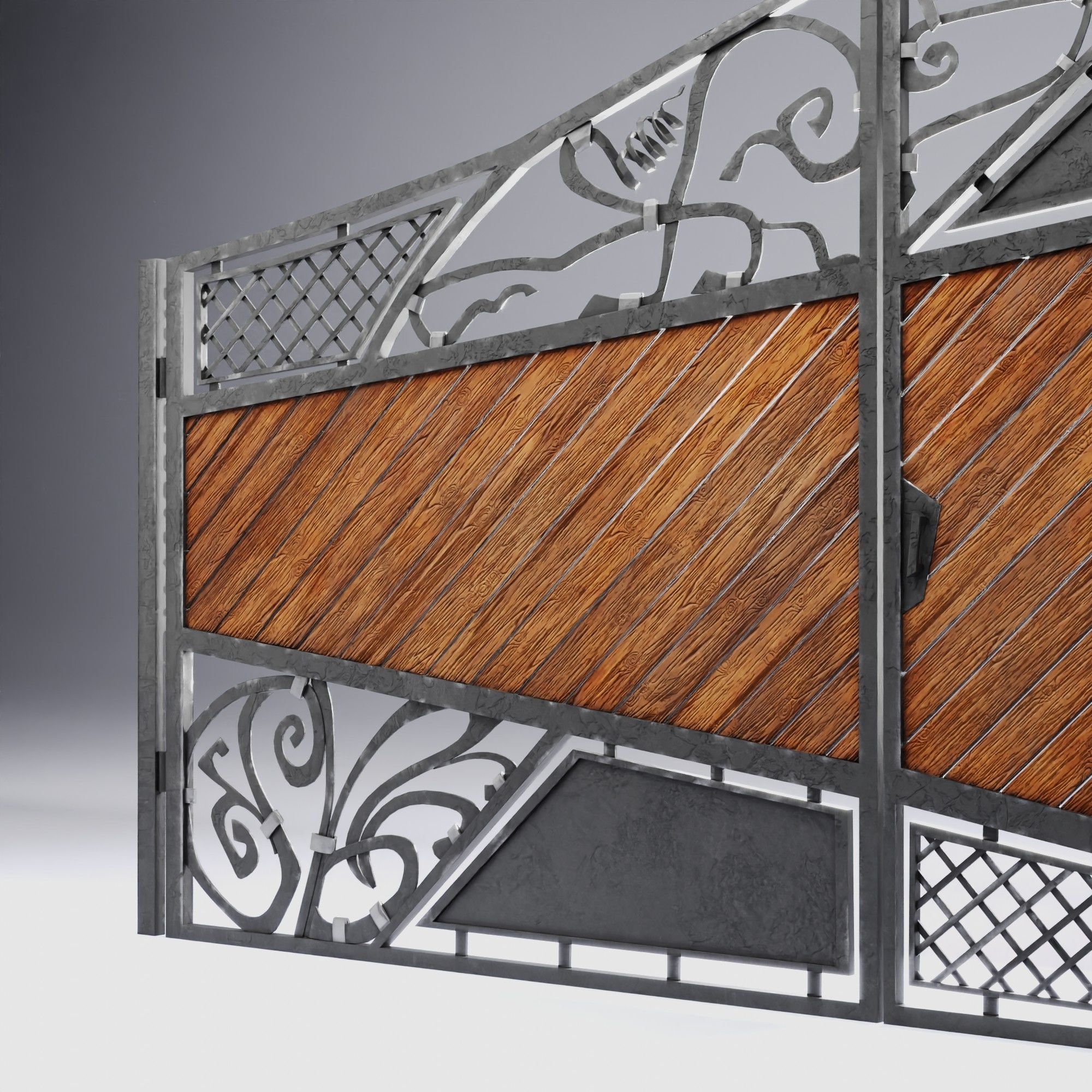 Wrought iron gates with wooden boards Low-poly 3D model_3