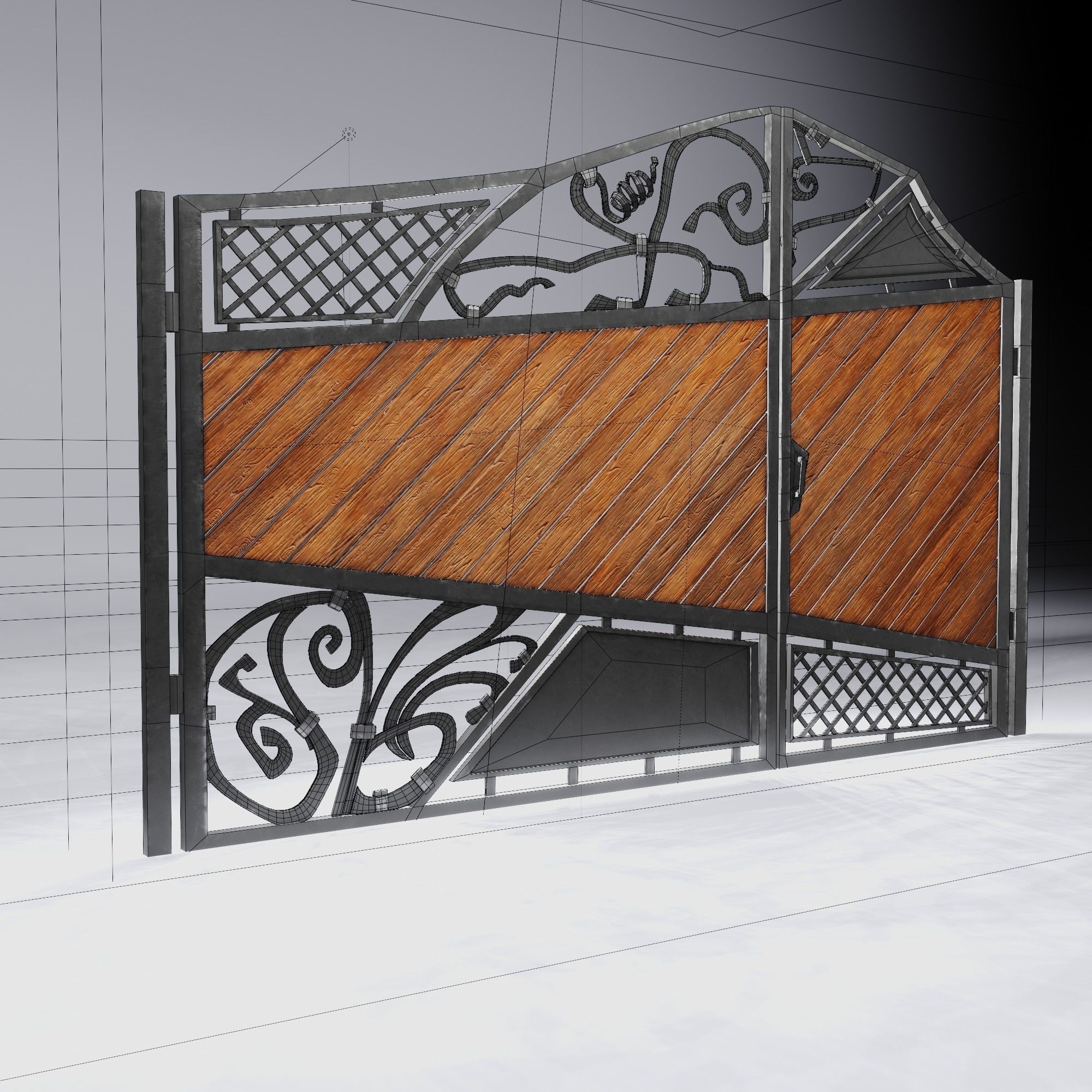 Wrought iron gates with wooden boards Low-poly 3D model_7