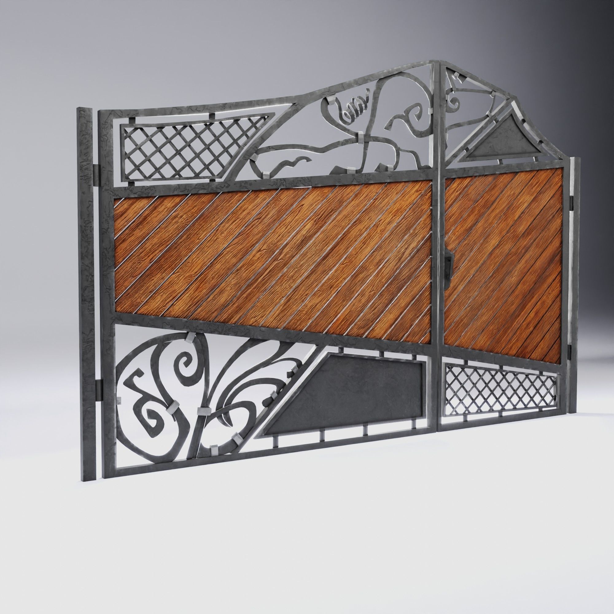 Wrought iron gates with wooden boards Low-poly 3D model_6