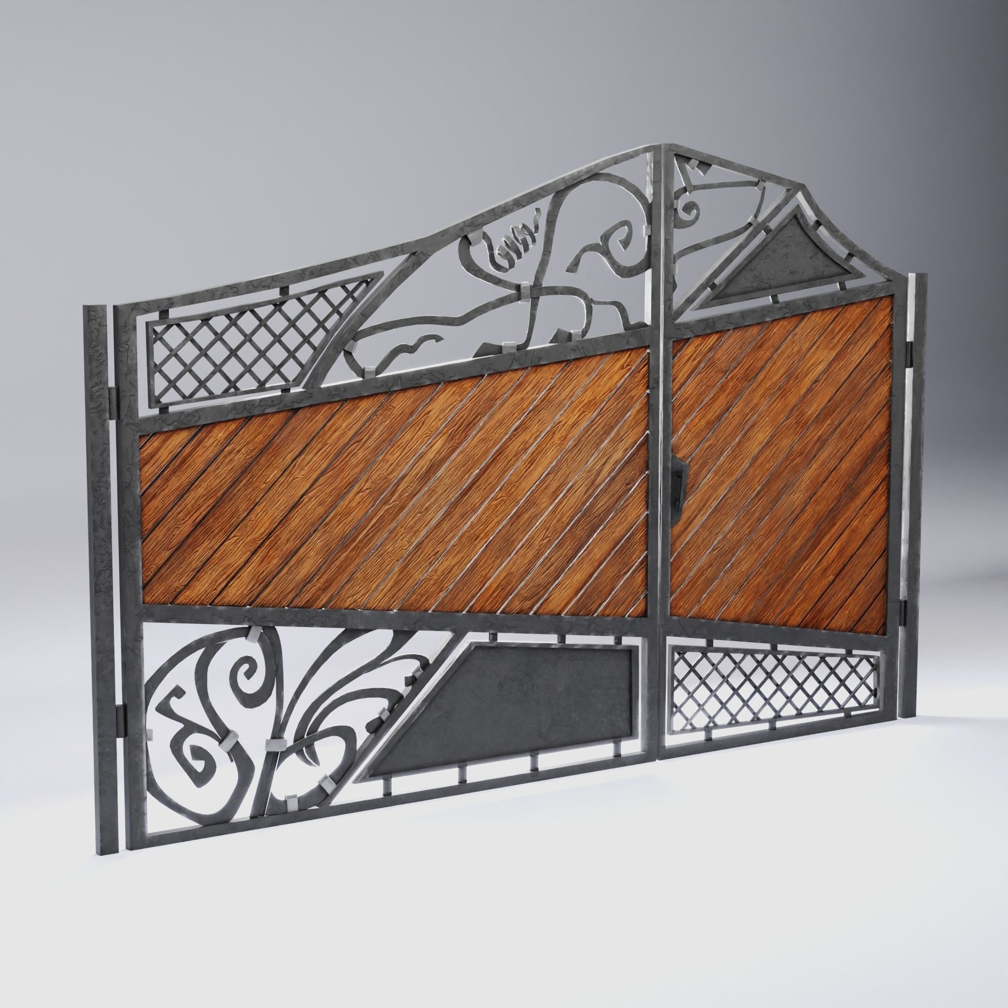 Wrought iron gates with wooden boards Low-poly 3D model_2