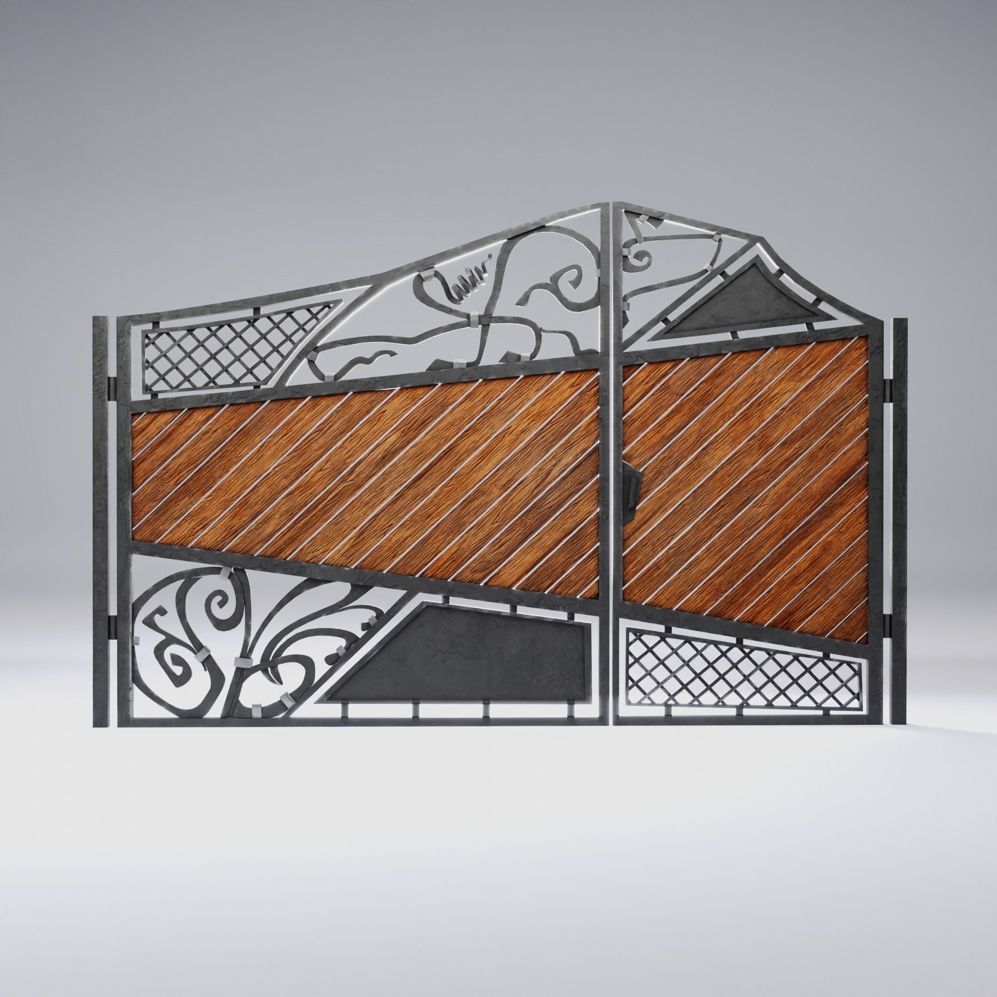 Wrought iron gates with wooden boards Low-poly 3D model_5