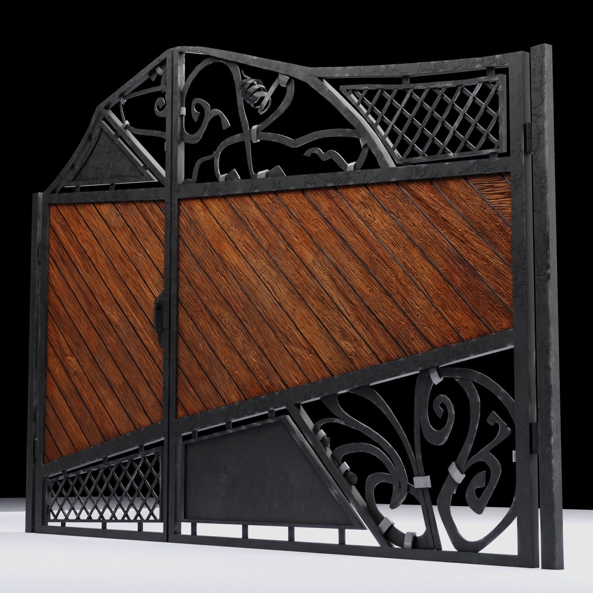 Wrought iron gates with wooden boards Low-poly 3D model_4