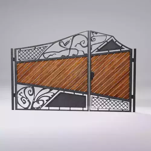 Wrought iron gates with wooden boards Low-poly 3D model