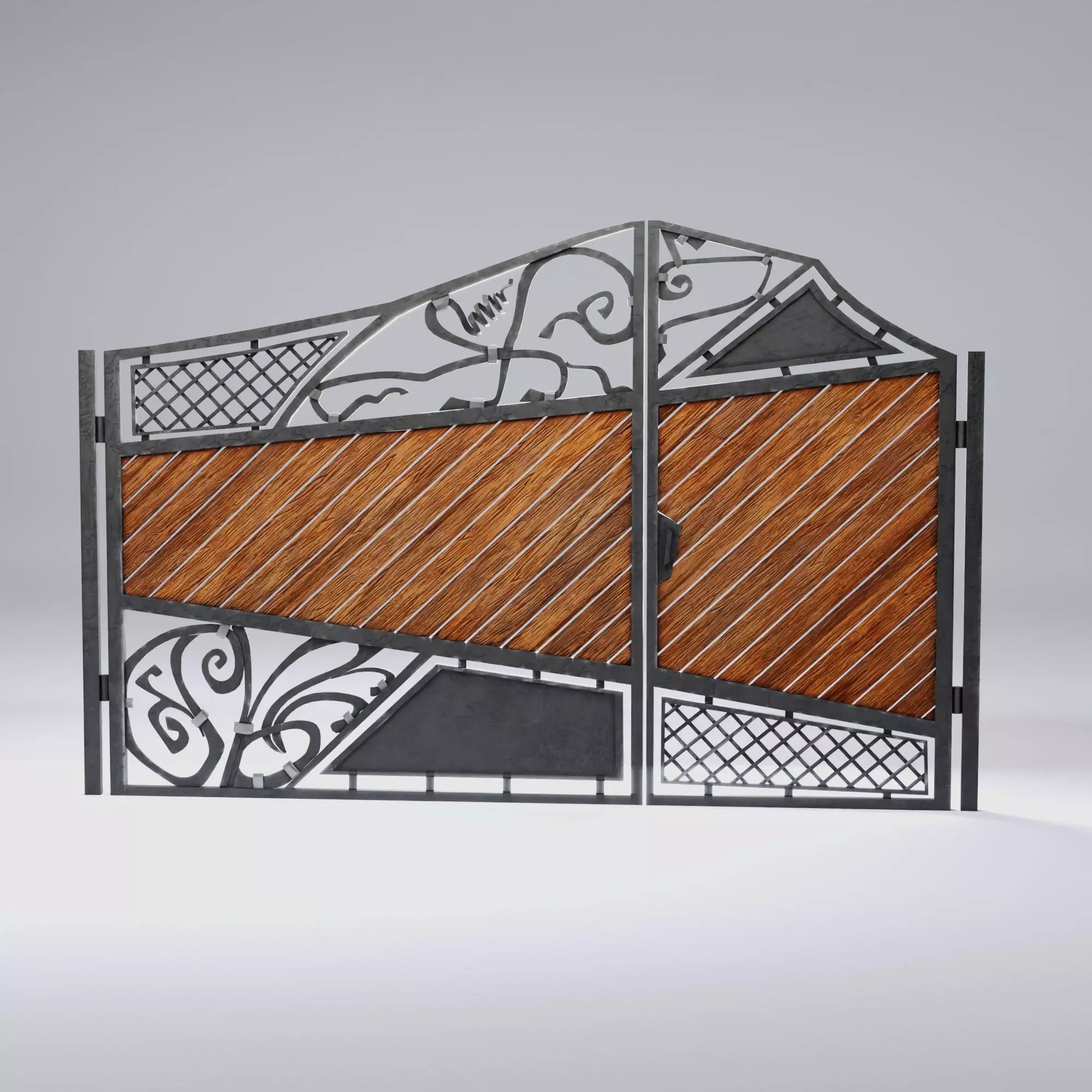 Wrought iron gates with wooden boards Low-poly 3D model_0