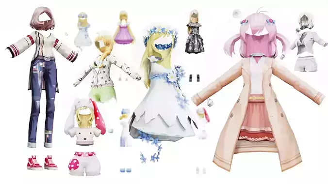 Stylized Female Anime Dresses and Clothing Low-poly 3D model
