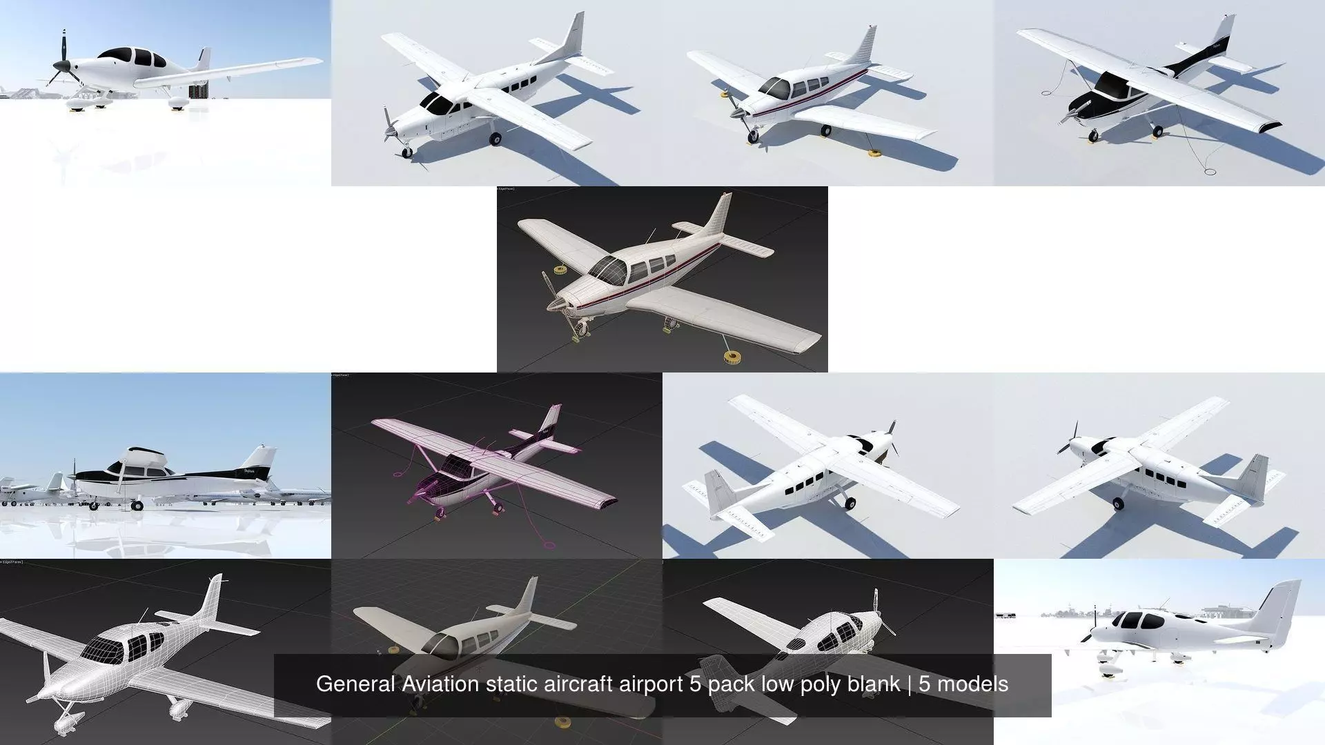 General Aviation static aircraft airport 5 pack low poly blank 3D Model Collection_1