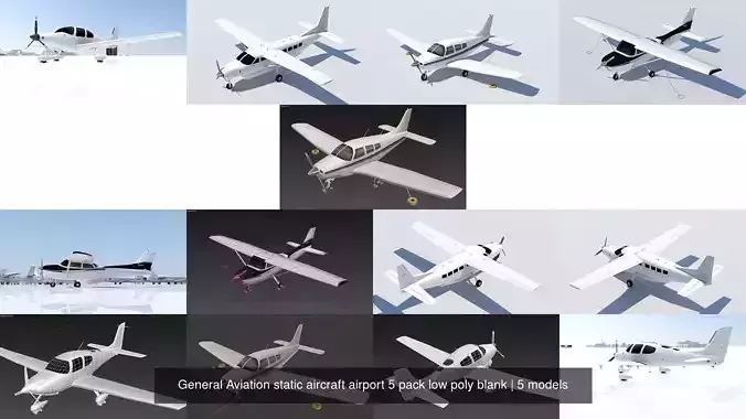 General Aviation static aircraft airport 5 pack low poly blank