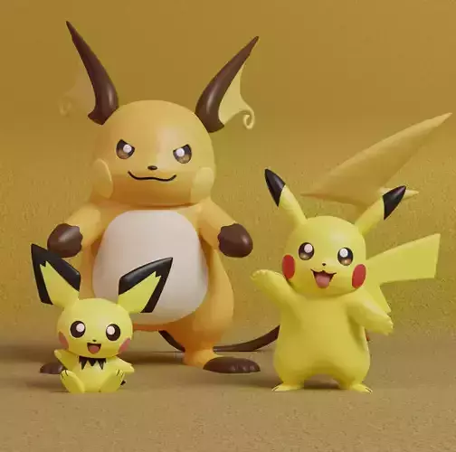 Pokemon - Pichu Pikachu and Raichu with 2 poses 3D print model