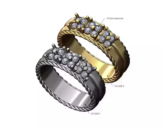 Square diamond clusters split rope sides ring US sizes 7 8 