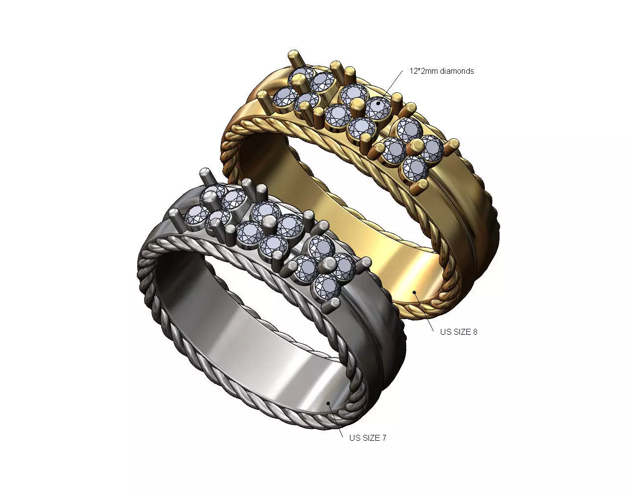 Square diamond clusters split rope sides ring US sizes 7 8 3D print model_0