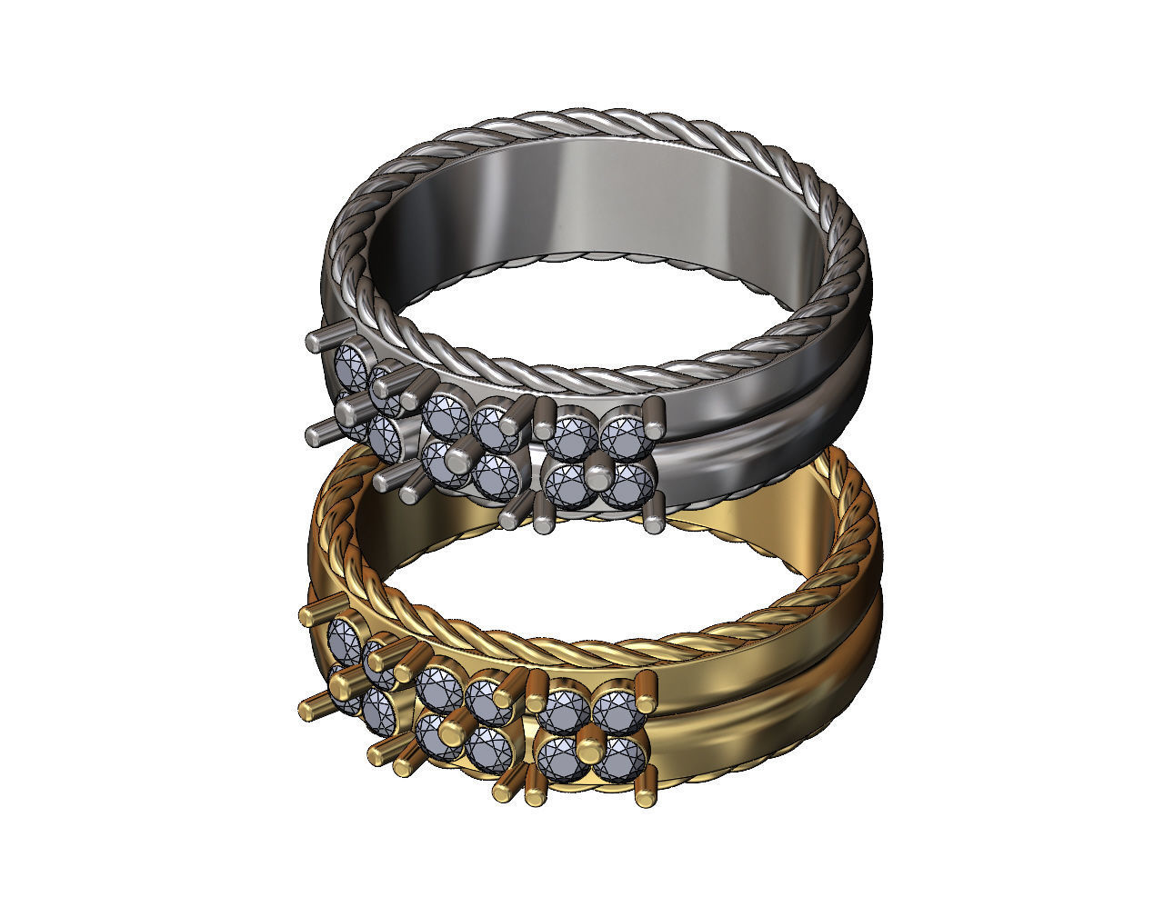 Square diamond clusters split rope sides ring US sizes 7 8 3D print model_3