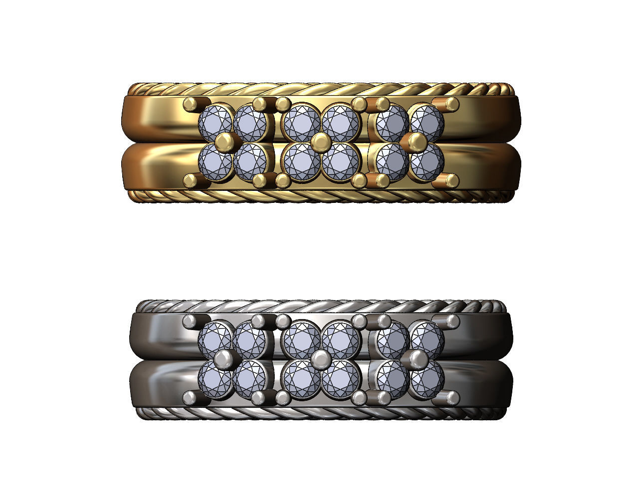 Square diamond clusters split rope sides ring US sizes 7 8 3D print model_1